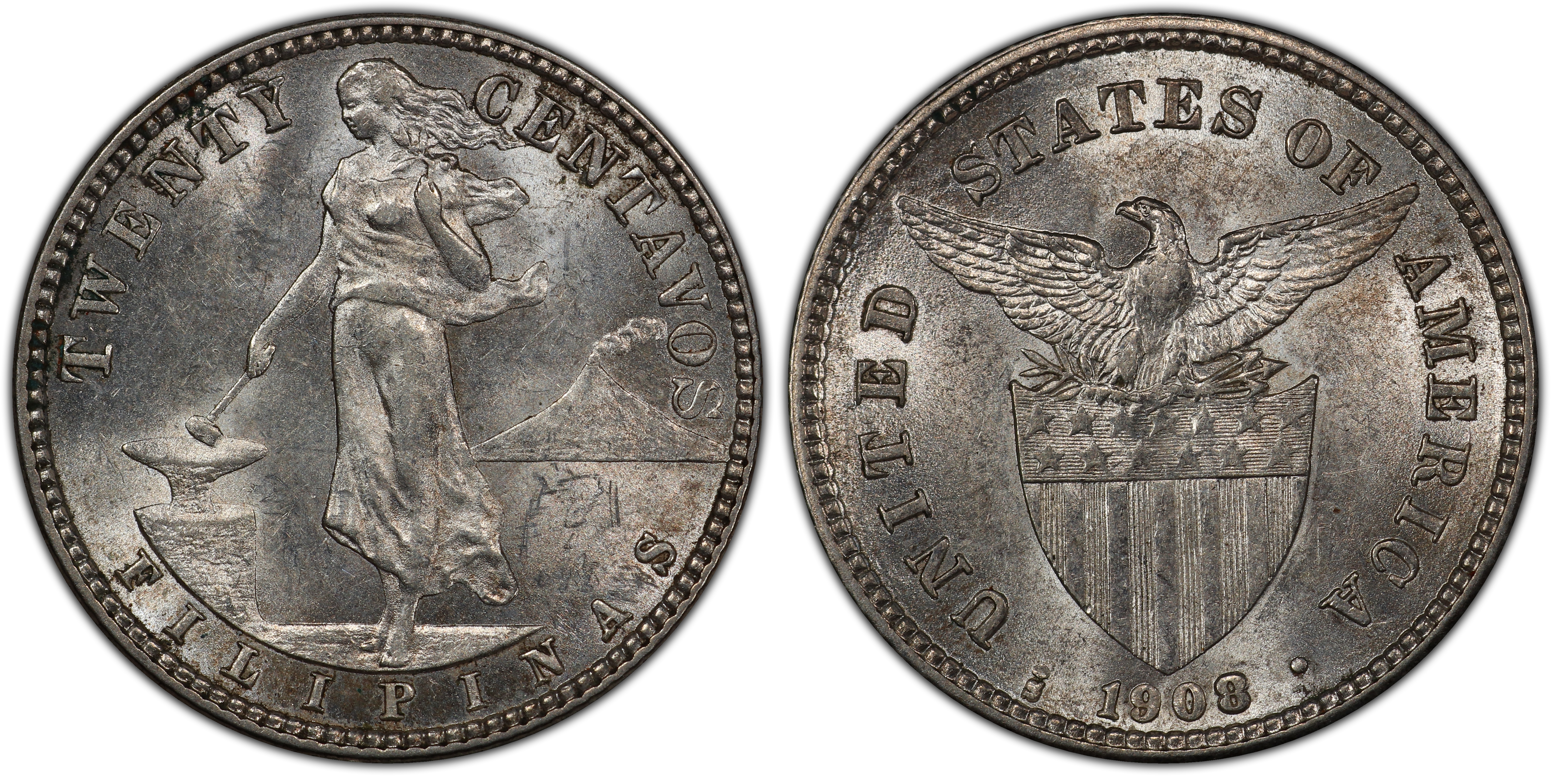 1908-S 20C (Regular Strike) U.S. Philippines - PCGS CoinFacts