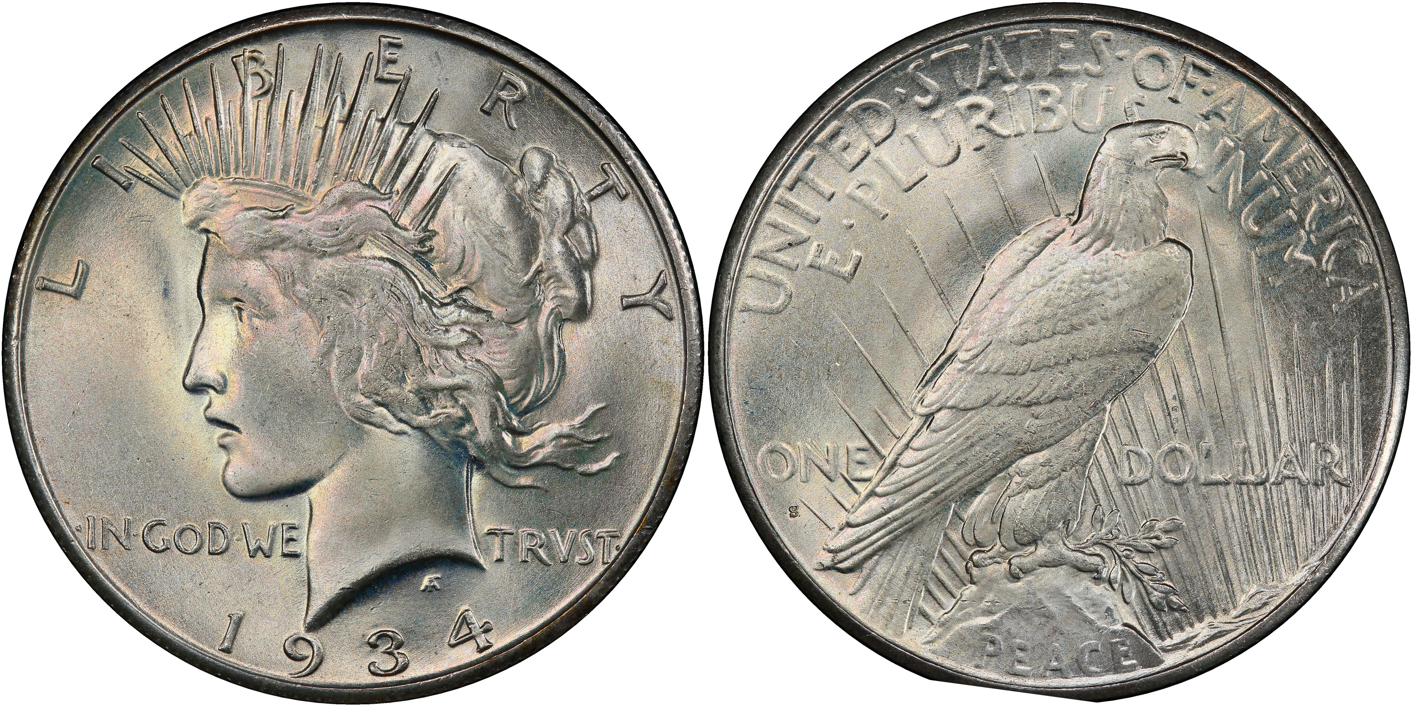1934 Peace Silver Dollar ANACS MS-60 Details Cleaned