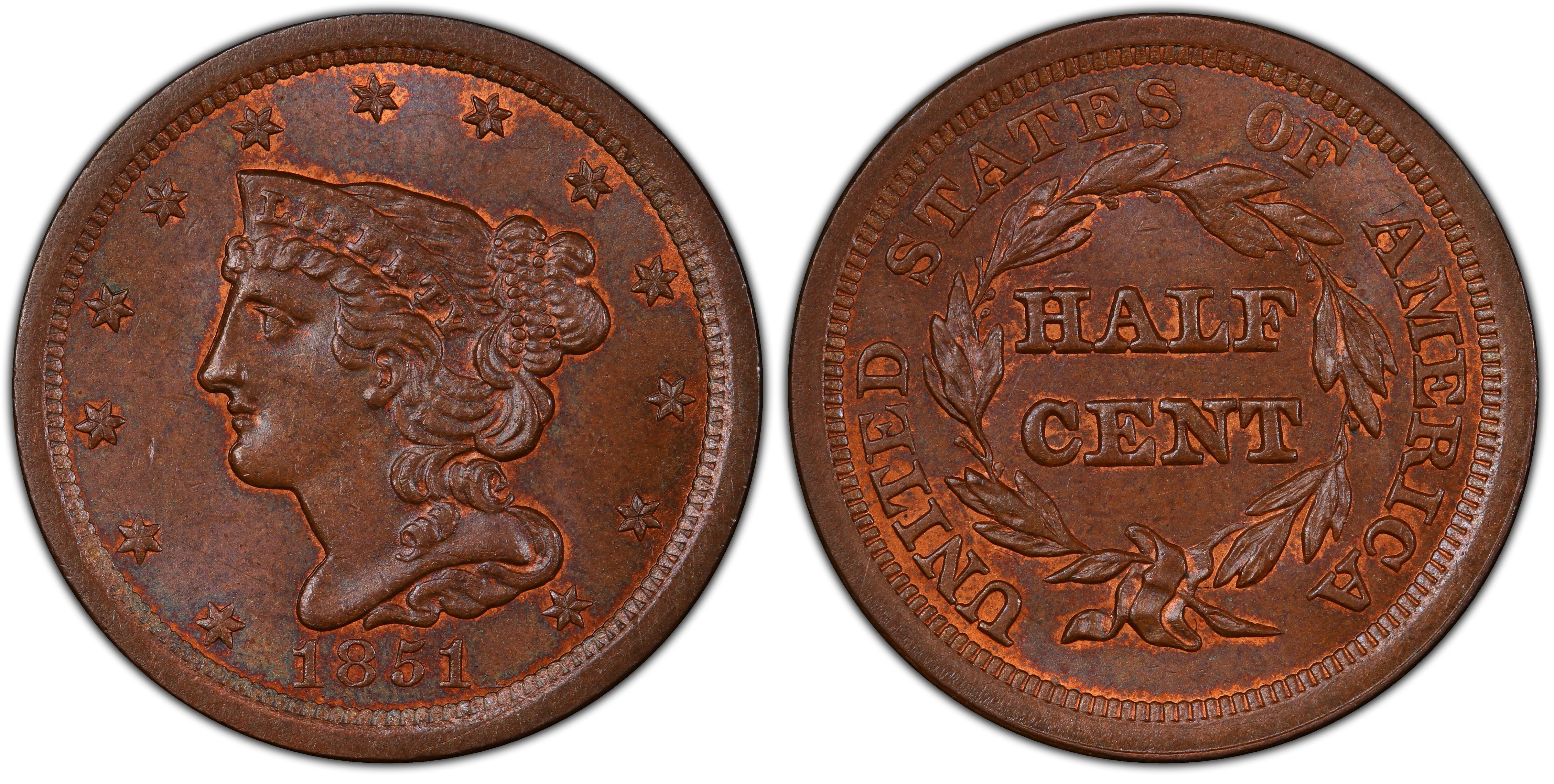 1851 1/2C, BN (Regular Strike) Braided Hair Half Cent - PCGS CoinFacts