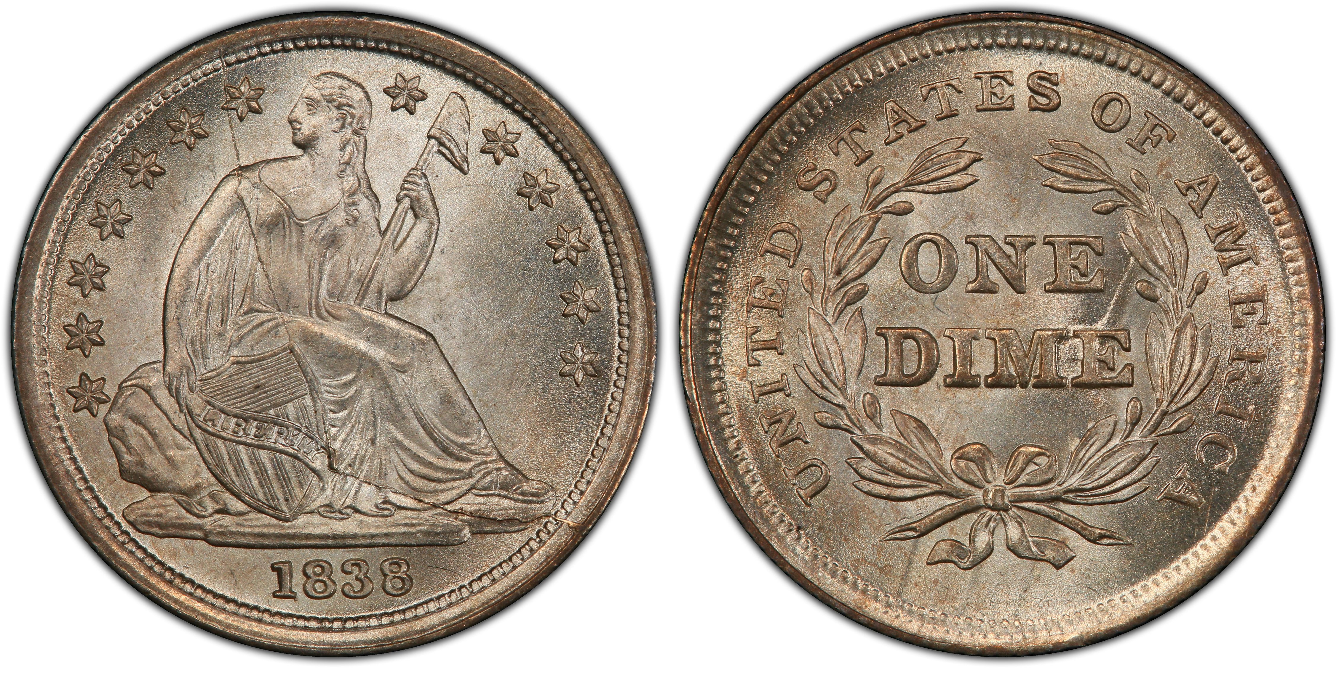 1838 10C No Drapery, Large Stars (Regular Strike) Liberty Seated