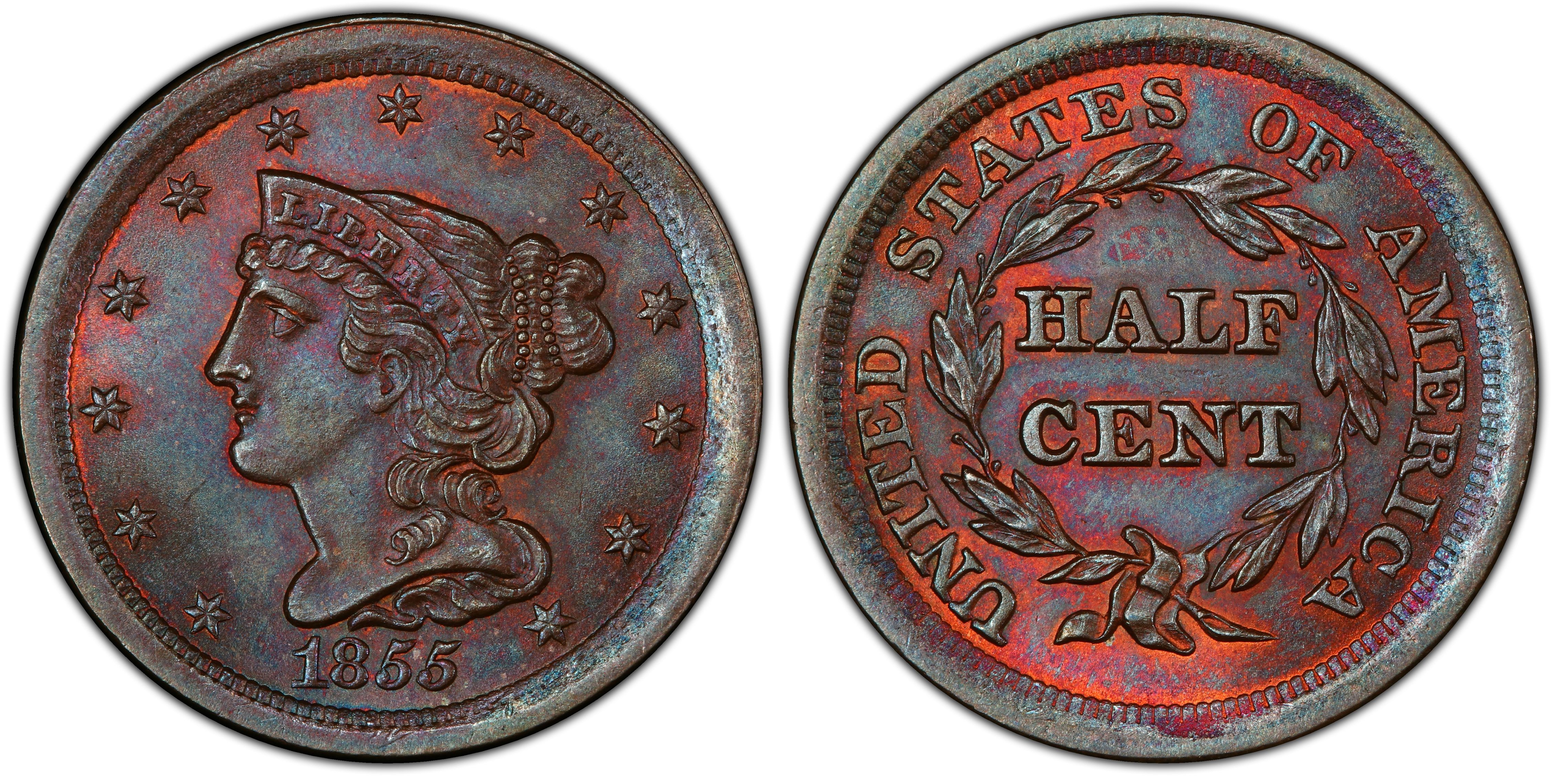 1855 Braided Hair Half Cent - PCGS XF45 w/True View - 56K Mintage
