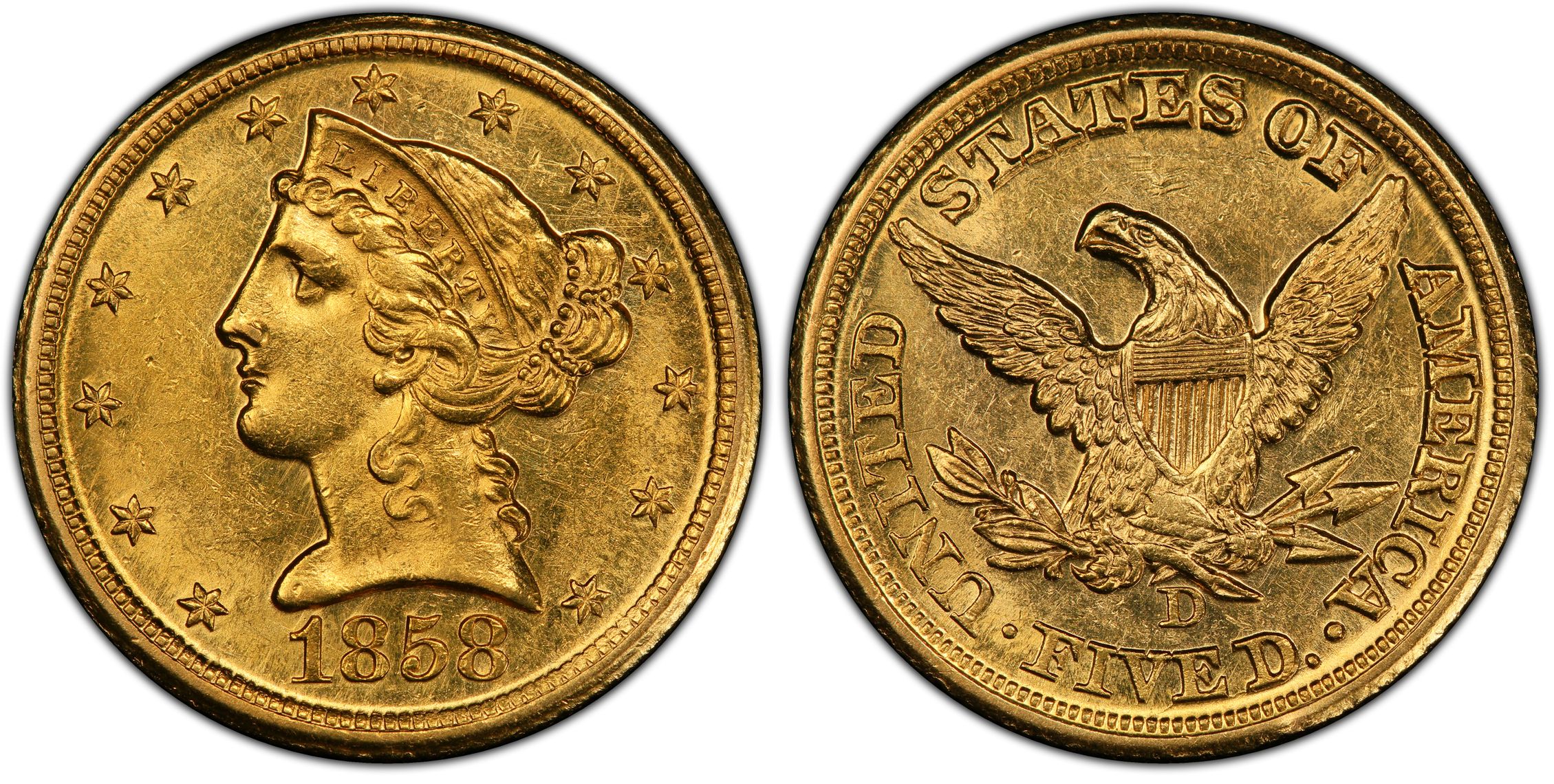 1858-D $5 (Regular Strike) Liberty Head $5 - PCGS CoinFacts