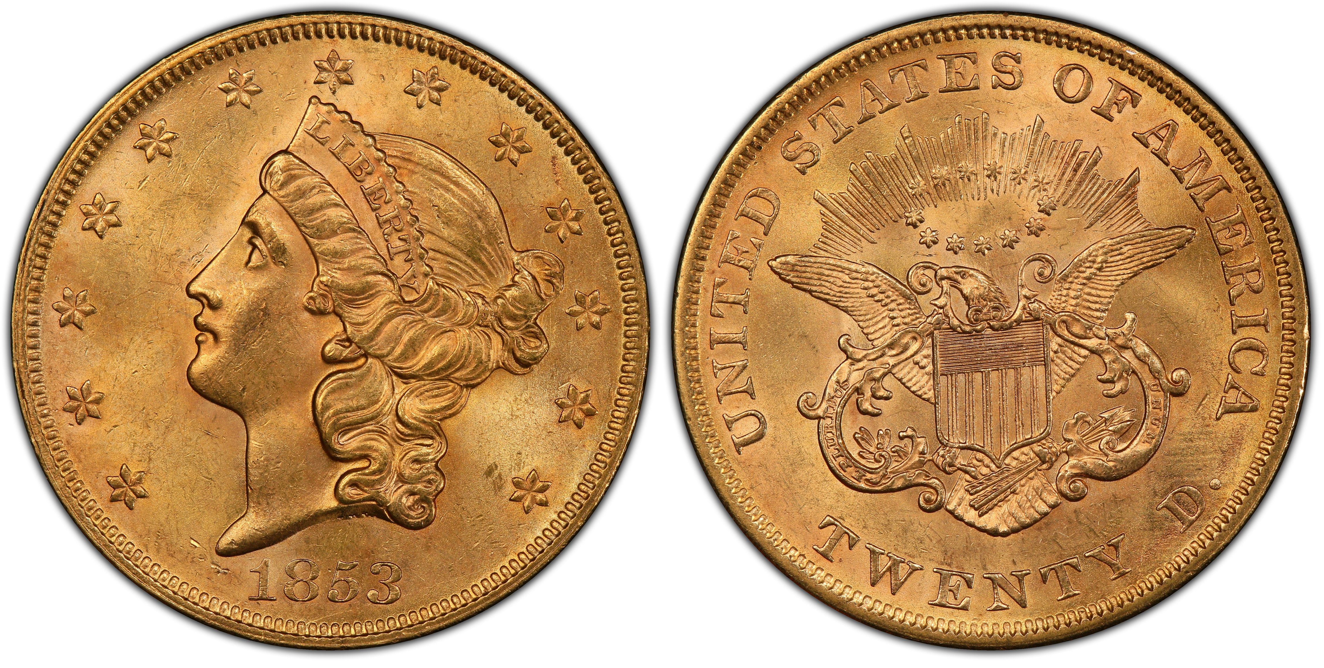 1853 $20 (Regular Strike) Liberty Head $20 - PCGS CoinFacts
