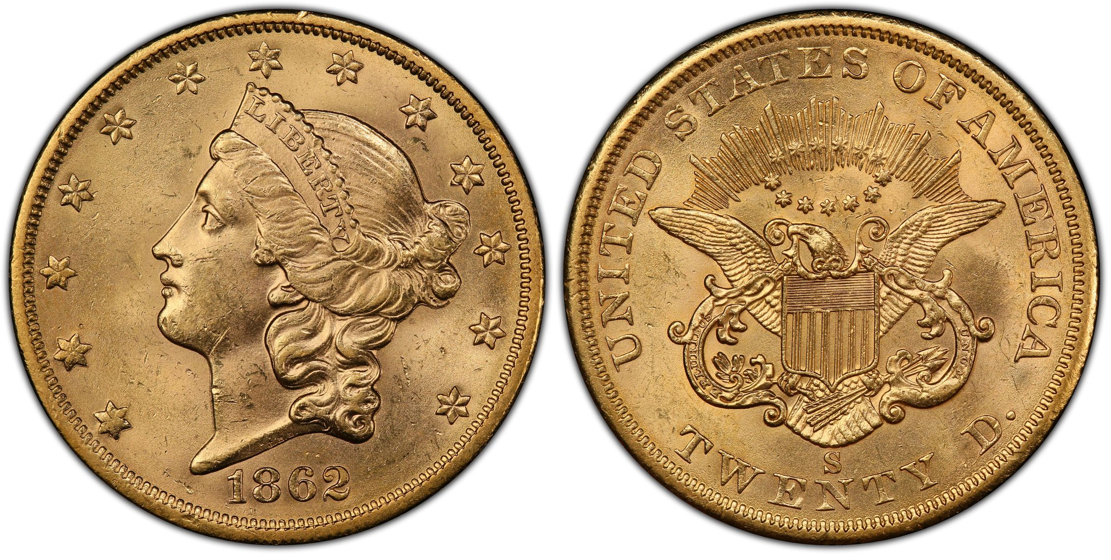 1862-S $20 (Regular Strike) Liberty Head $20 - PCGS CoinFacts