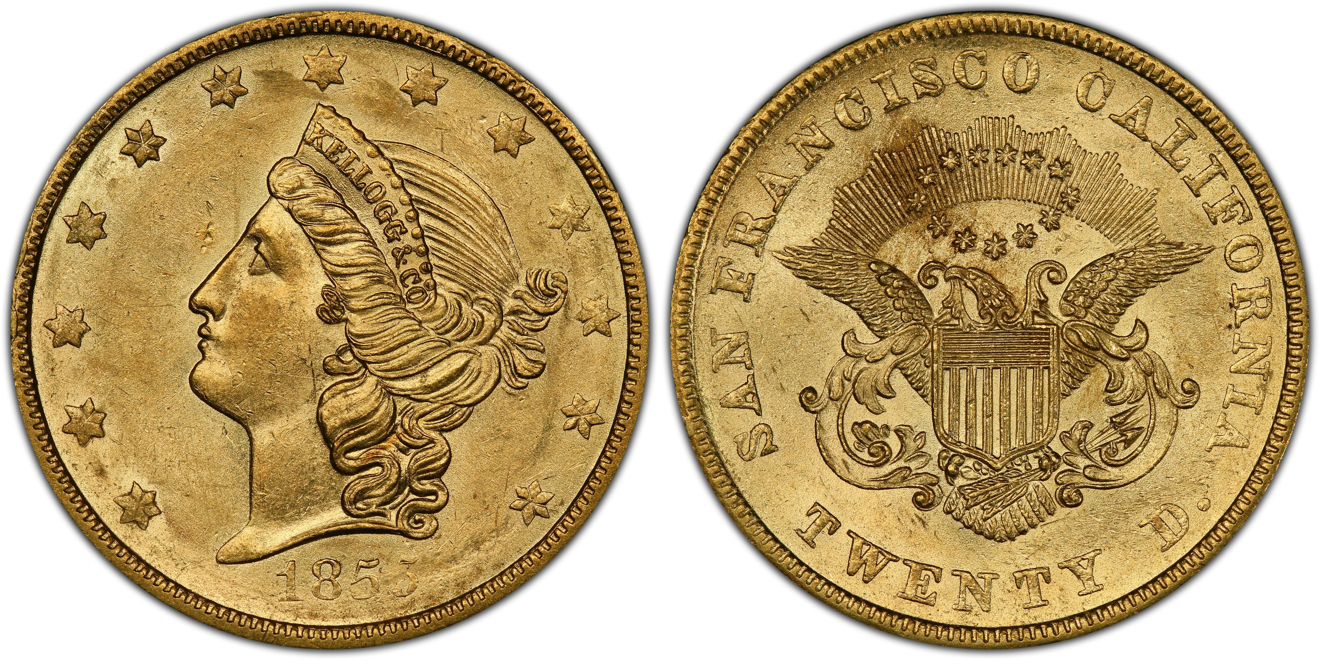 1855 $20 Kellogg & Co. (Regular Strike) California Gold - PCGS