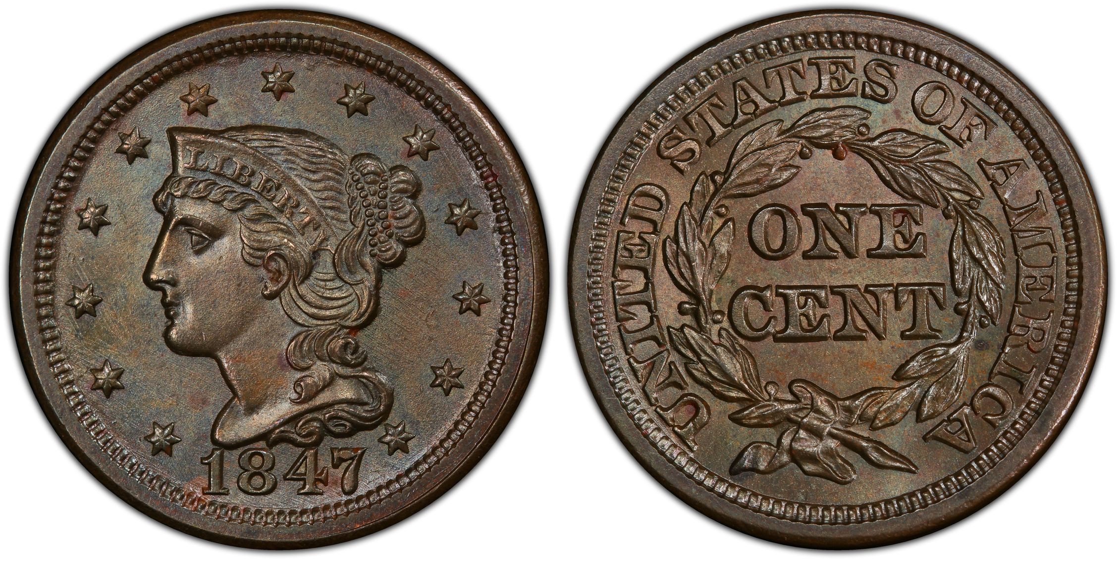 1847 1C BN Regular Strike Braided Hair Cent PCGS CoinFacts