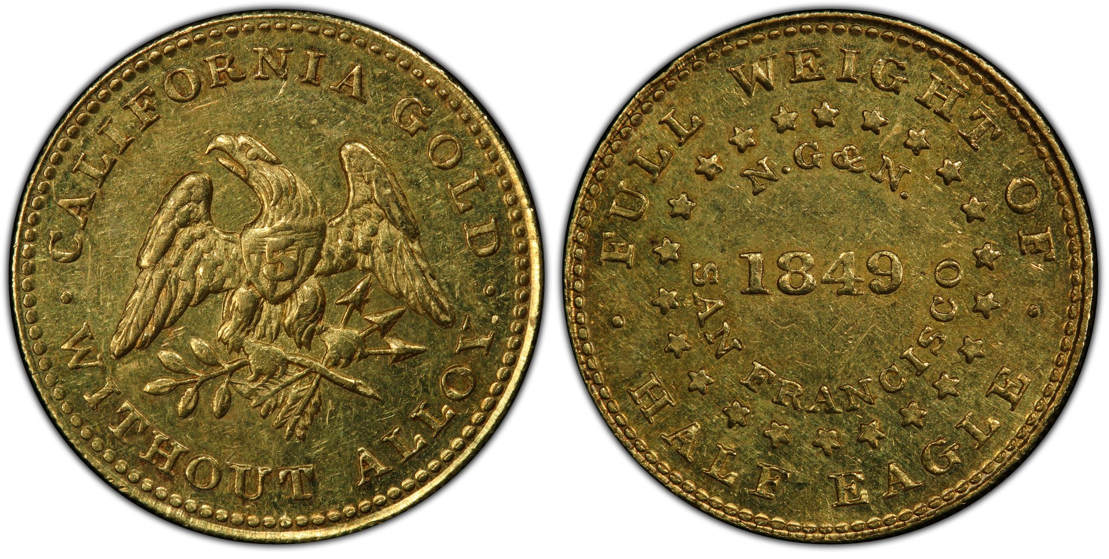 1849 5 Norris Reeded Edge Regular Strike California Gold