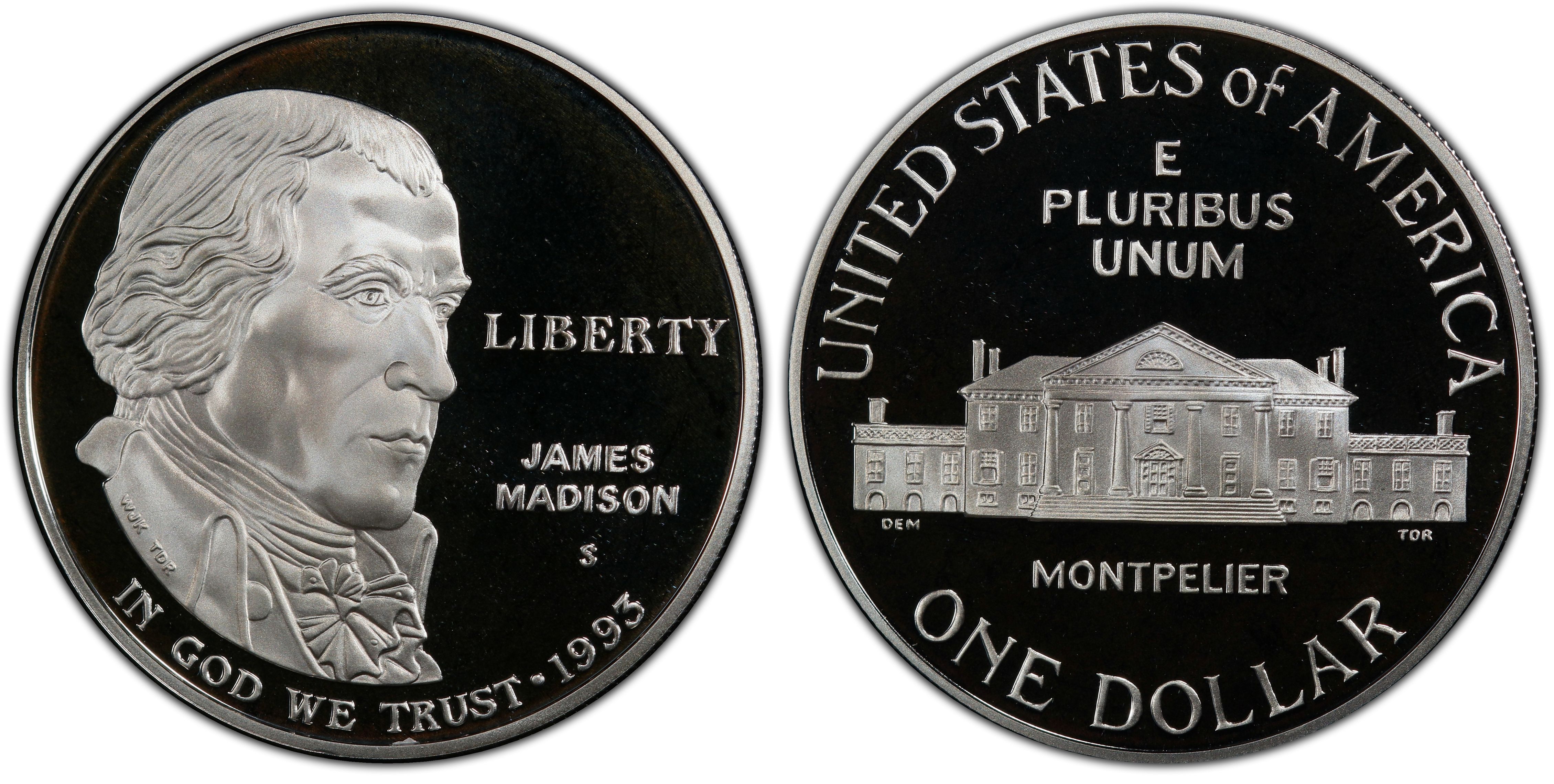 1993 S James Madison Bill Of Rights Proof Commem 90% Silver Dollar US Coin