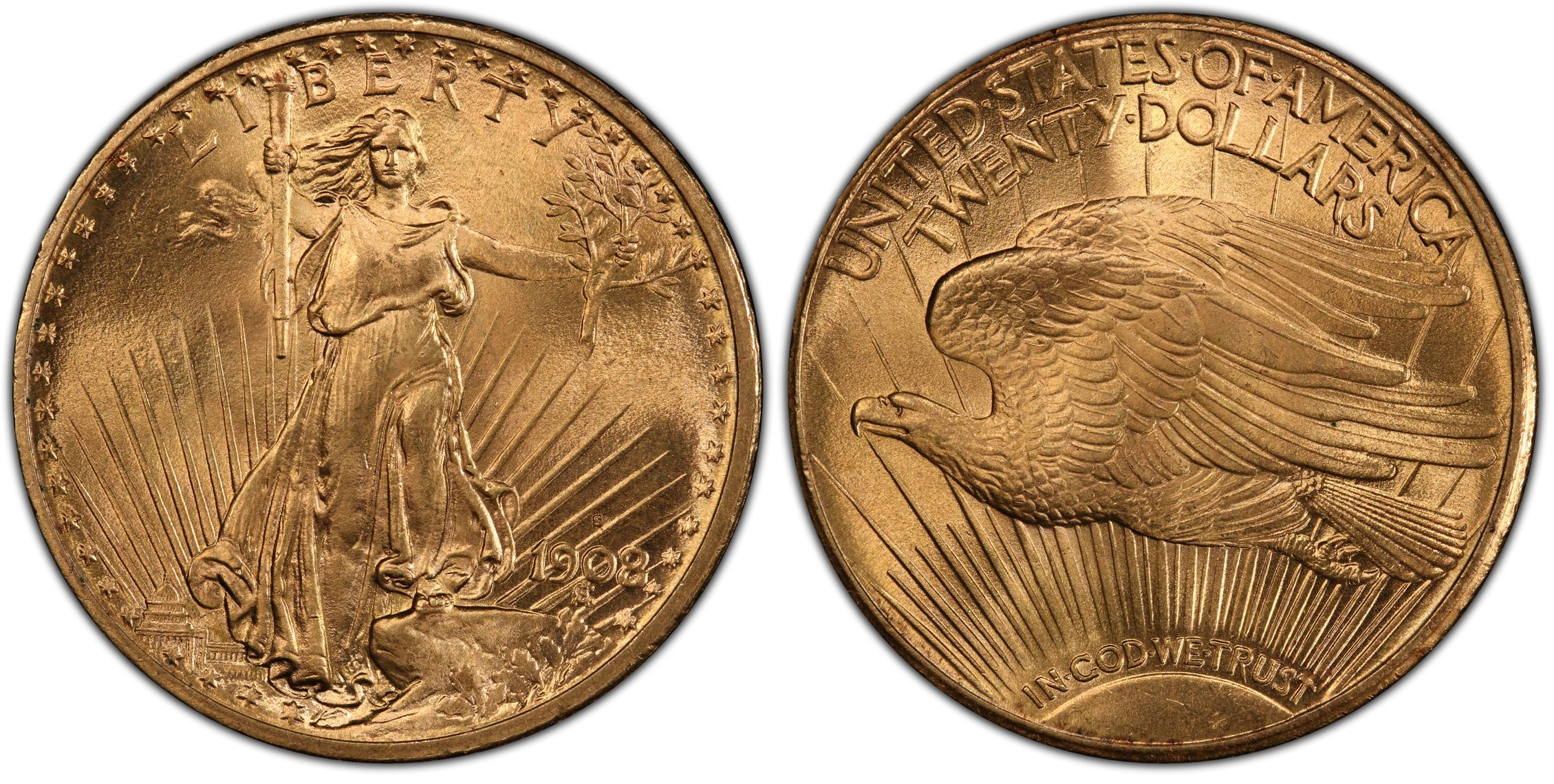 1908 S 20 Regular Strike St. Gaudens 20 PCGS CoinFacts