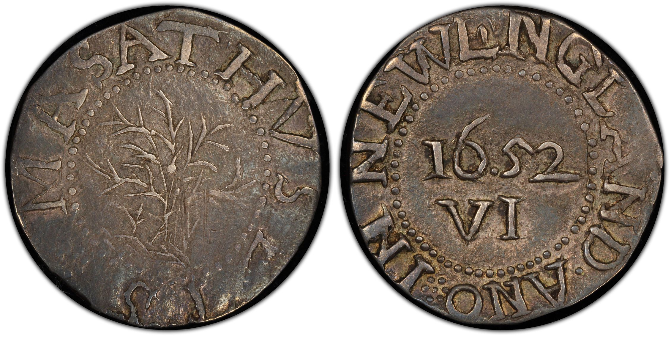 1652 6P Oak Tree, 'IN' On Reverse (Regular Strike) Massachusetts Silver ...