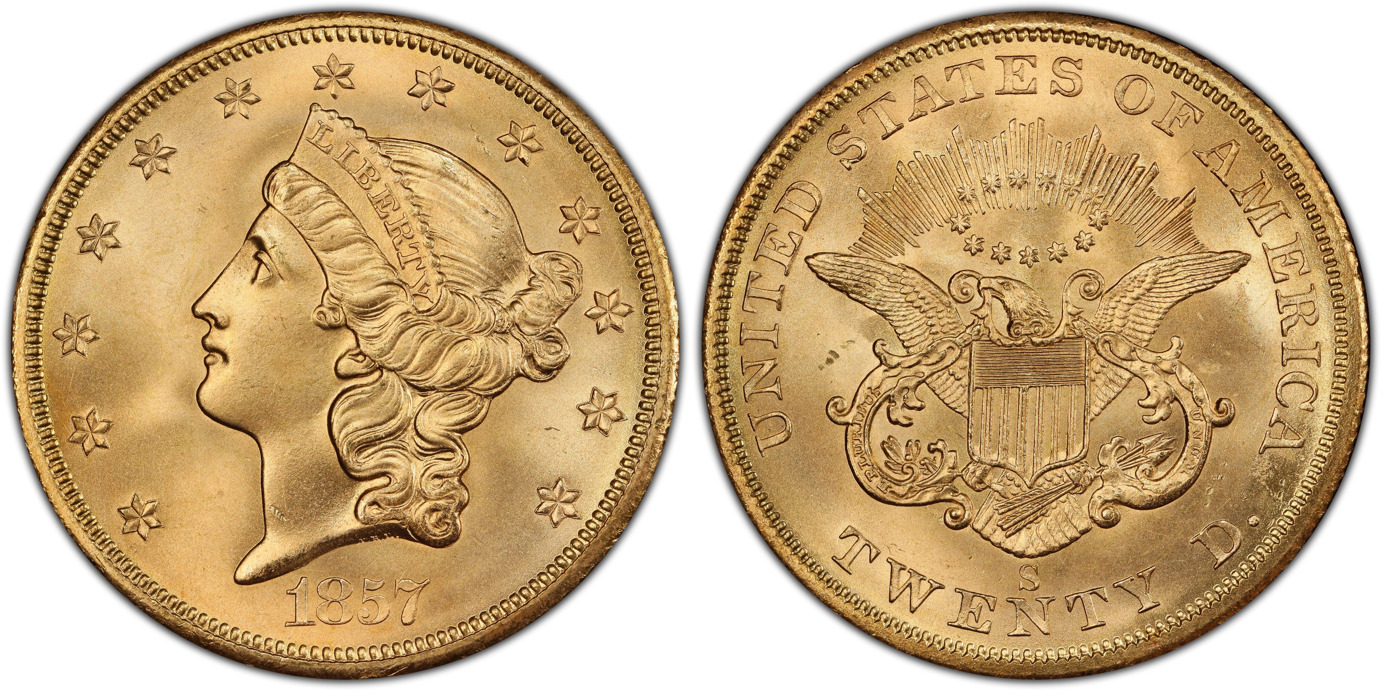 通販 偽物 ＄20 リバティ金貨 セントラル アメリカ号 1857-S PCGS MS65