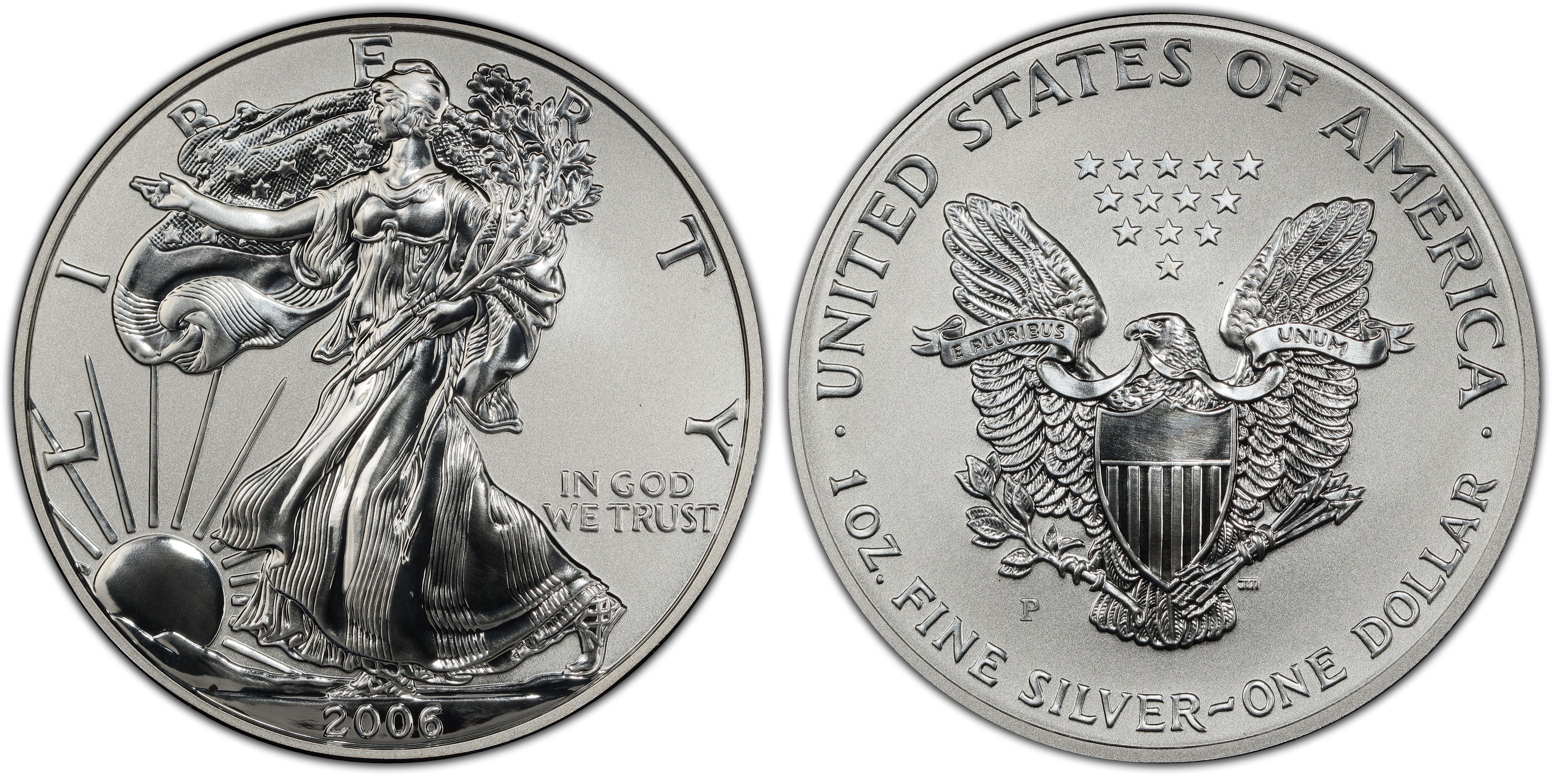 2006 P REVERSE PROOF SILVER EAGLE FROM THE 20TH ANNIVERSARY SET ONE COIN IN CAP 