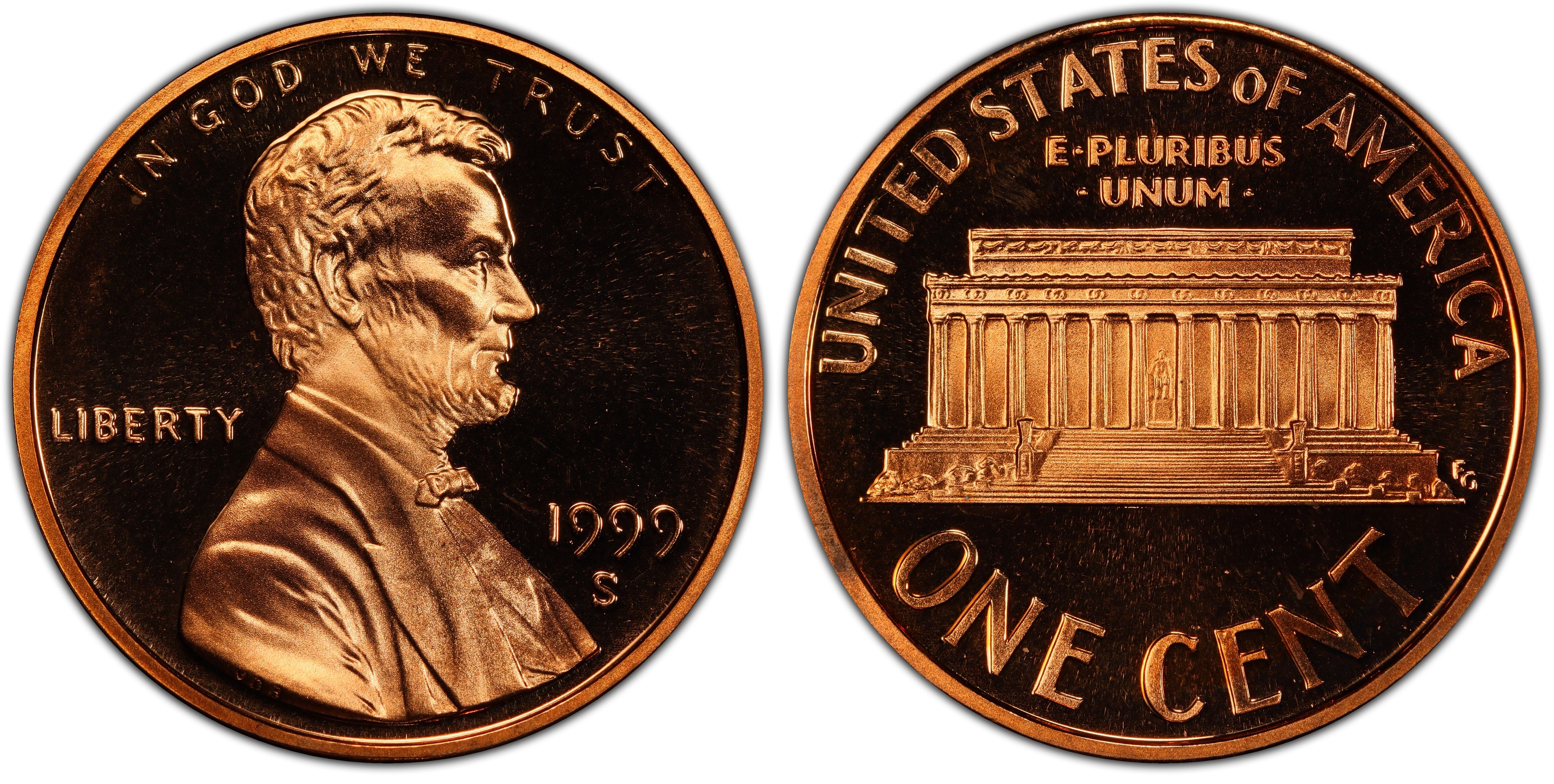 One 1999-S Lincoln Cent Deep Cameo Mirror Proof RED Upper Grading Ranges 