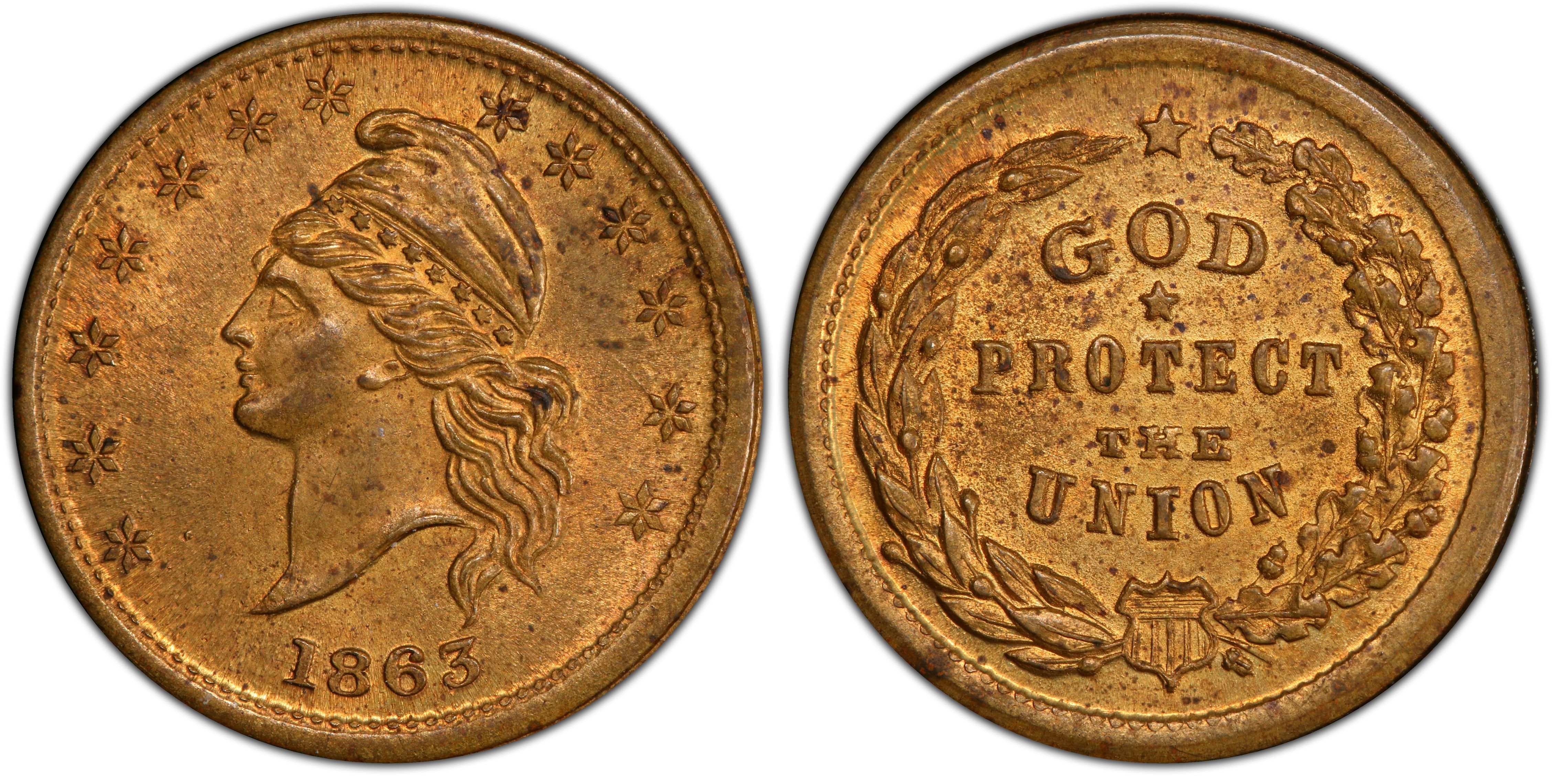1863 Token F-5/288b Brass God Protect The Union Patriotic (Regular Strike)  Civil War Tokens - PCGS CoinFacts