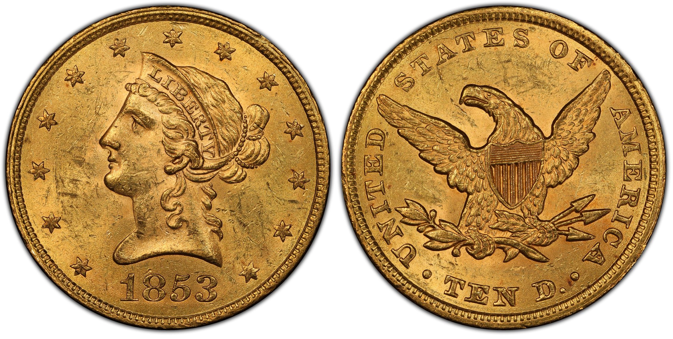 1853 $10 (Regular Strike) Liberty Head $10 - PCGS CoinFacts