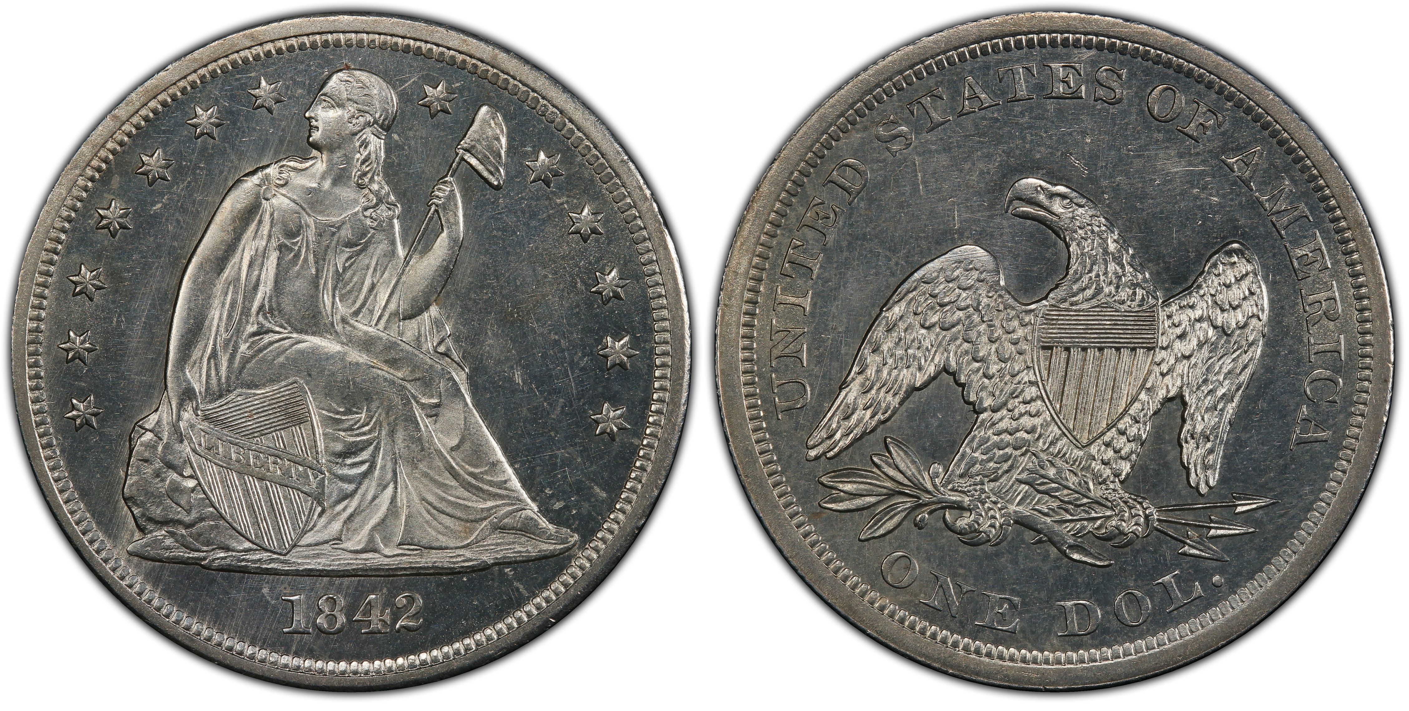 1842 $1 (Regular Strike) Liberty Seated Dollar - PCGS CoinFacts