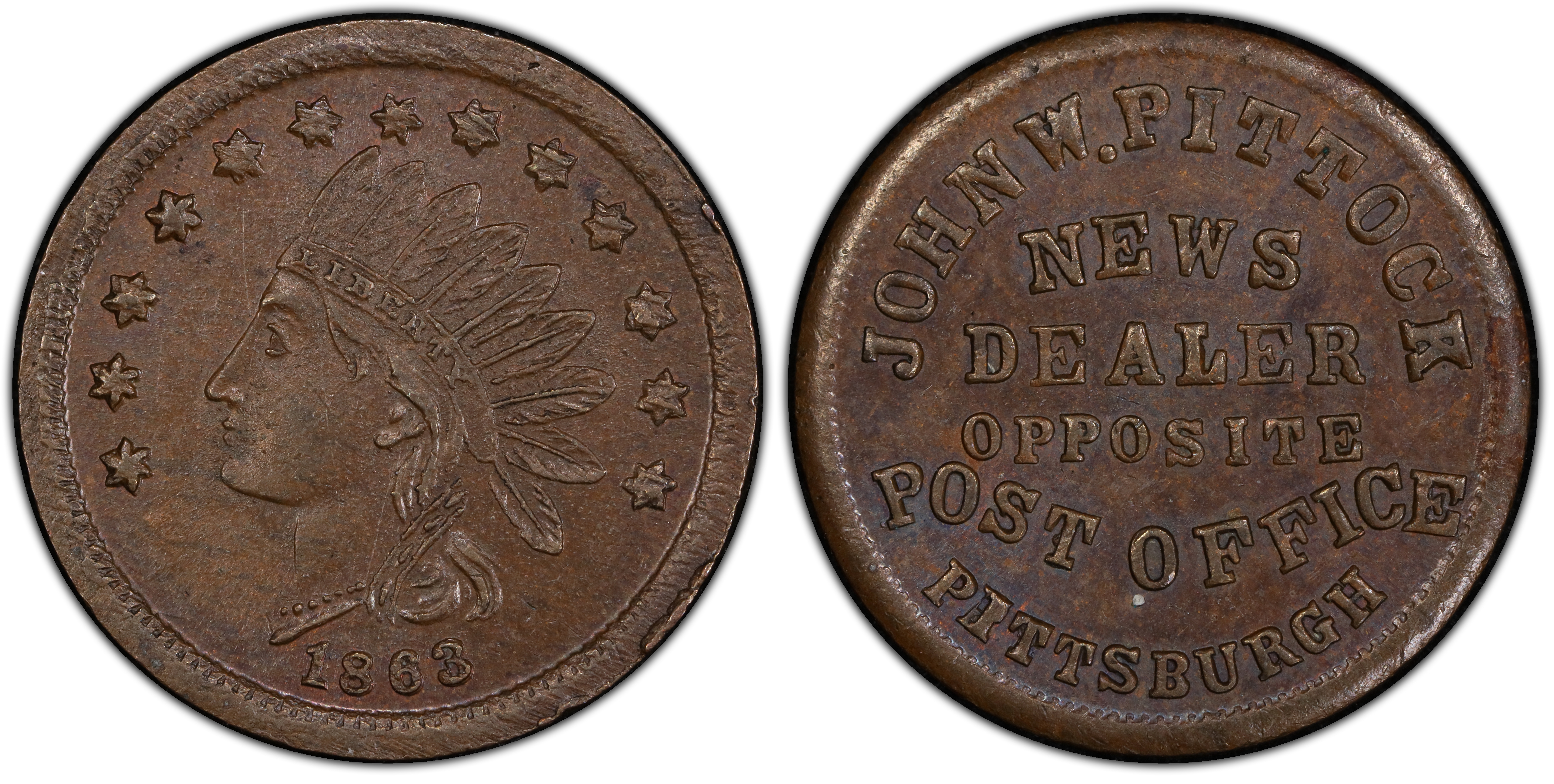 1863 Token F 765Q 1a Copper PE John W. Pittock PA BN Regular