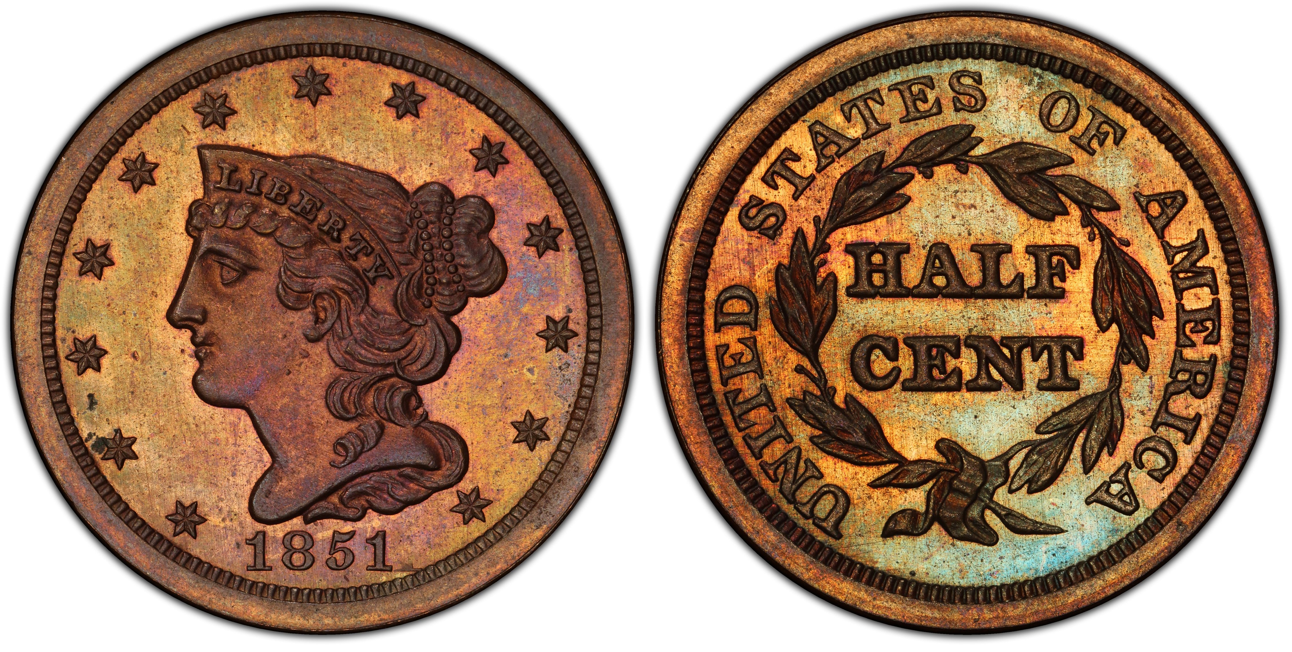 1851 1/2C Cohen 1, BN (Proof) Braided Hair Half Cent - PCGS CoinFacts