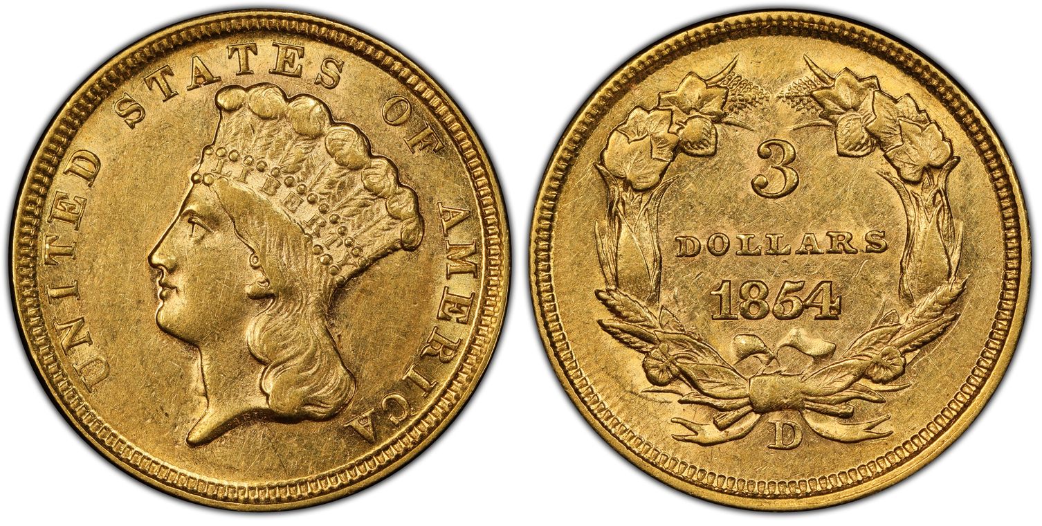 1854 Indian Princess Head Gold $3 Three Dollar Piece - Early Gold