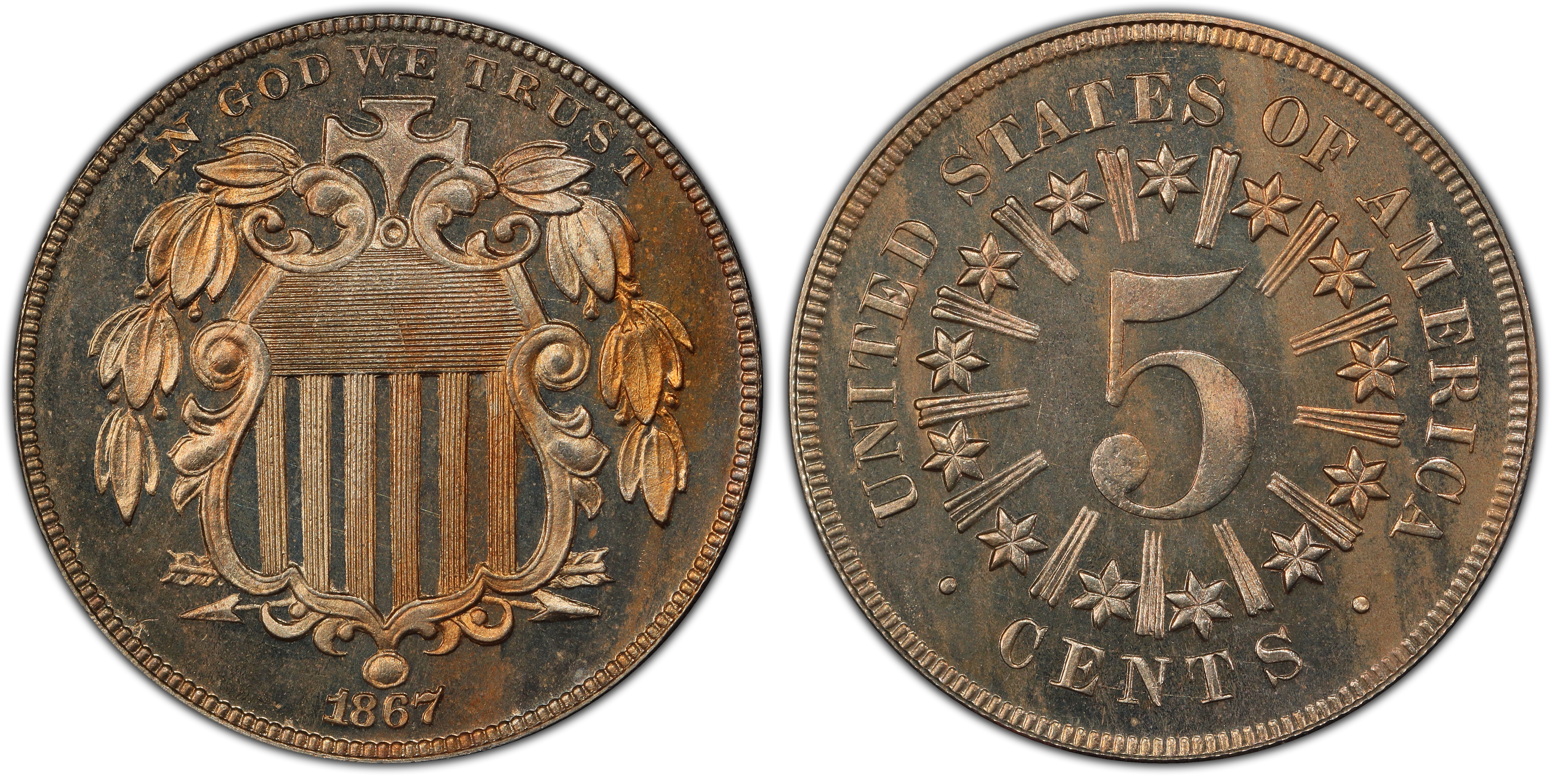 1867 5C Rays (Proof) Shield Nickel - PCGS CoinFacts