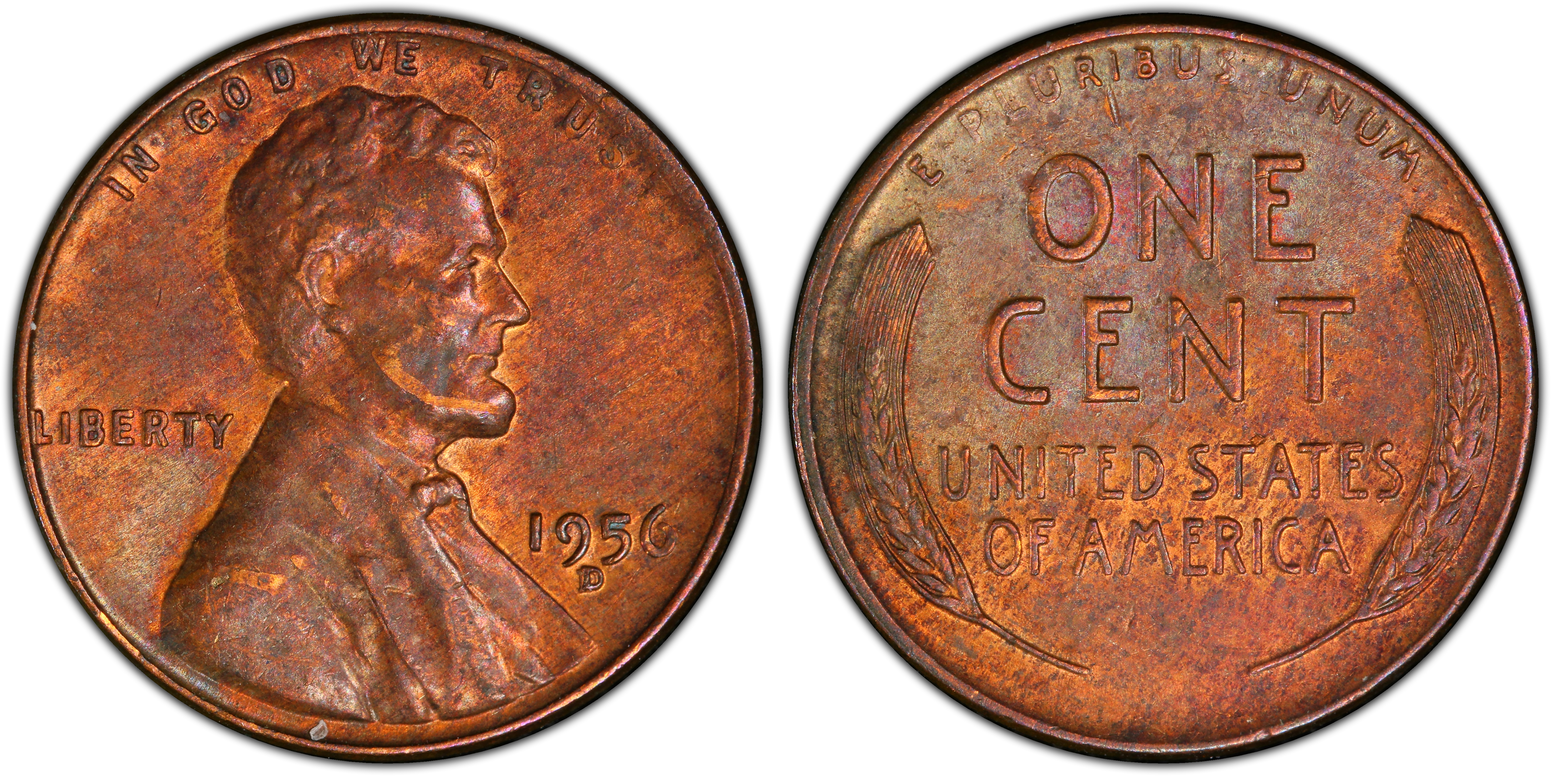 1956 D 1C Repunched Mintmark BN Regular Strike Lincoln Cent