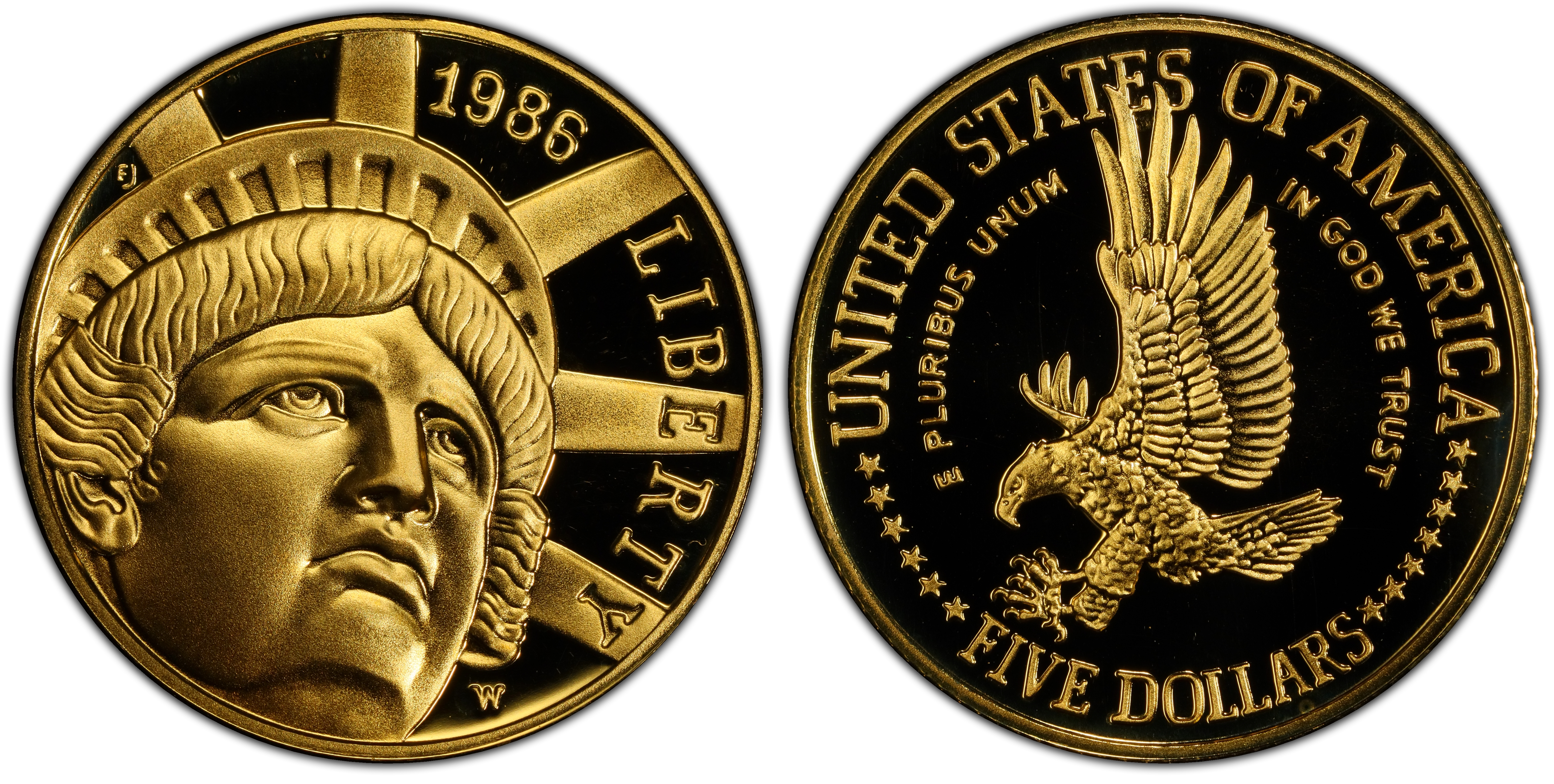 1986 W 5 Statue Of Liberty DCAM Proof Modern Gold