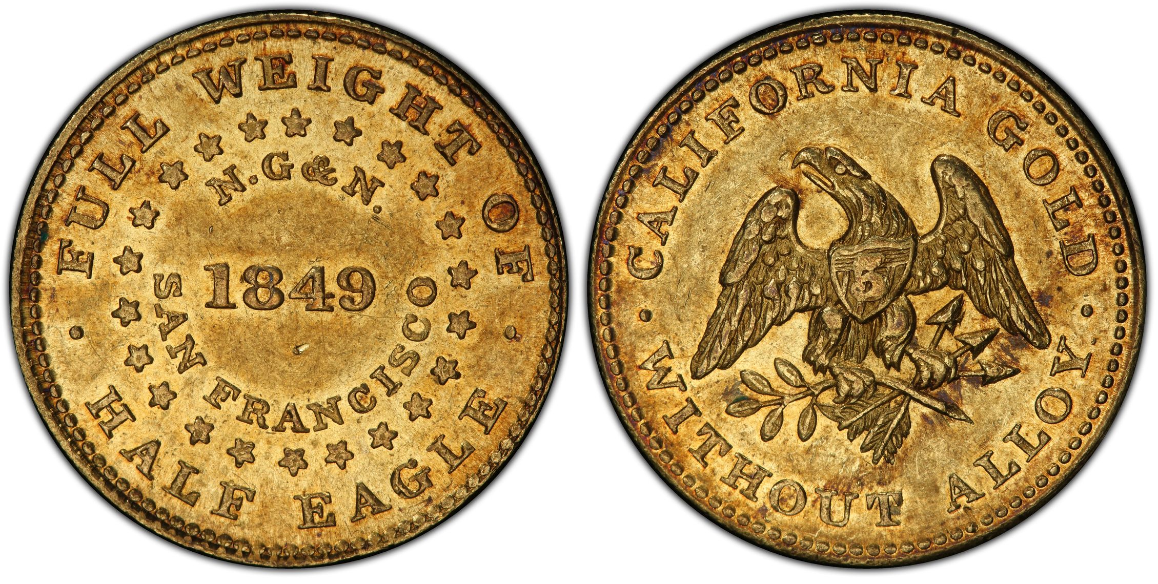 1849 5 Norris Reeded Edge Regular Strike California Gold