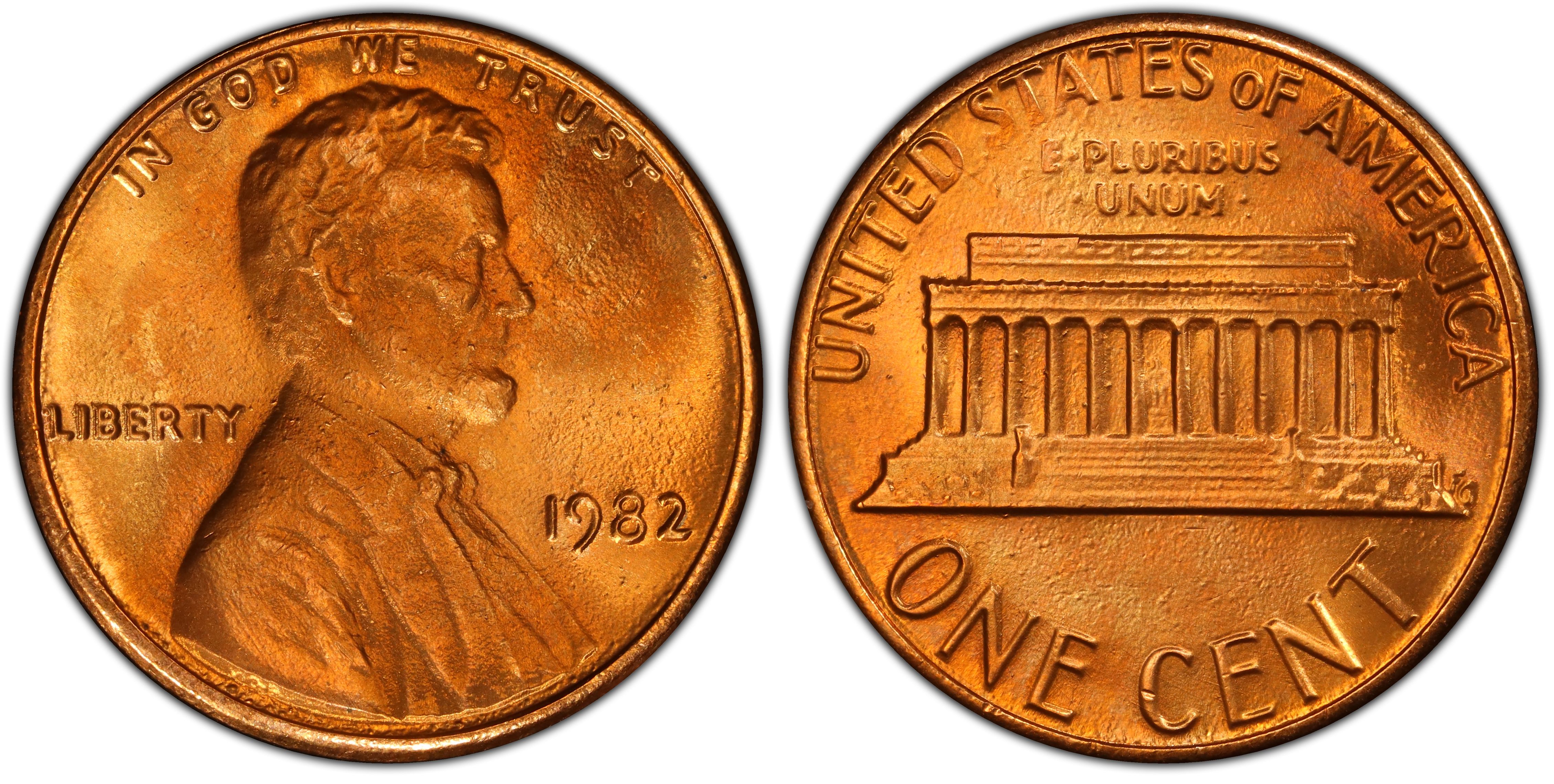 1982 large date Lincoln cent copper penny. Uncirculated in RED MS