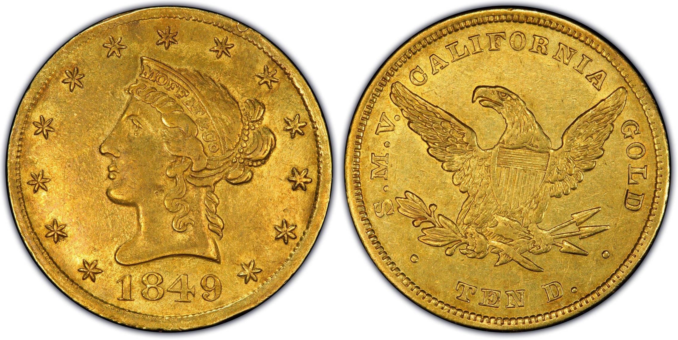 1849 $10 Moffat & Co., TEN D. (Regular Strike) California Gold - PCGS ...