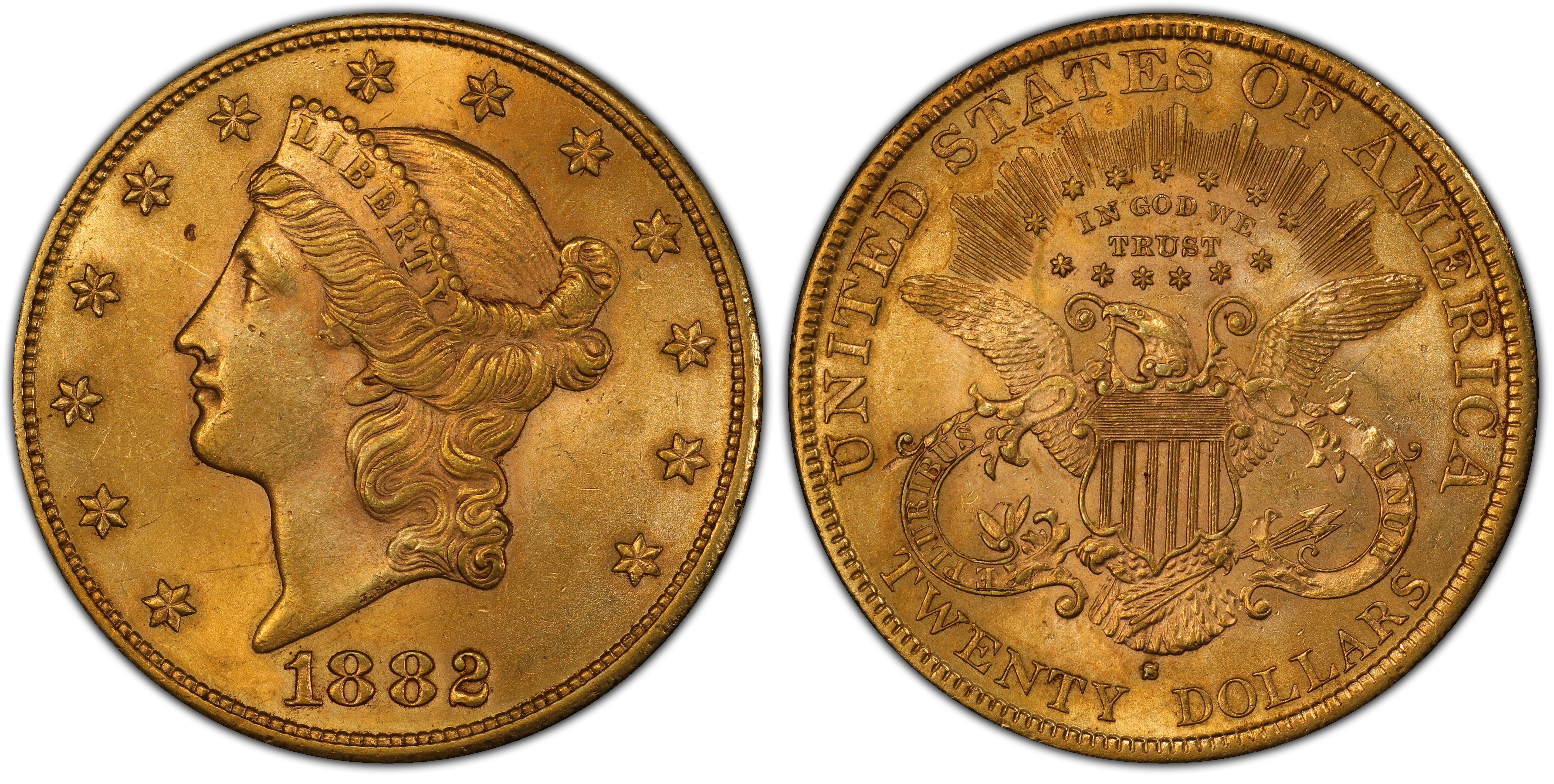 gold coins liberty head $20 type 3, with motto, 