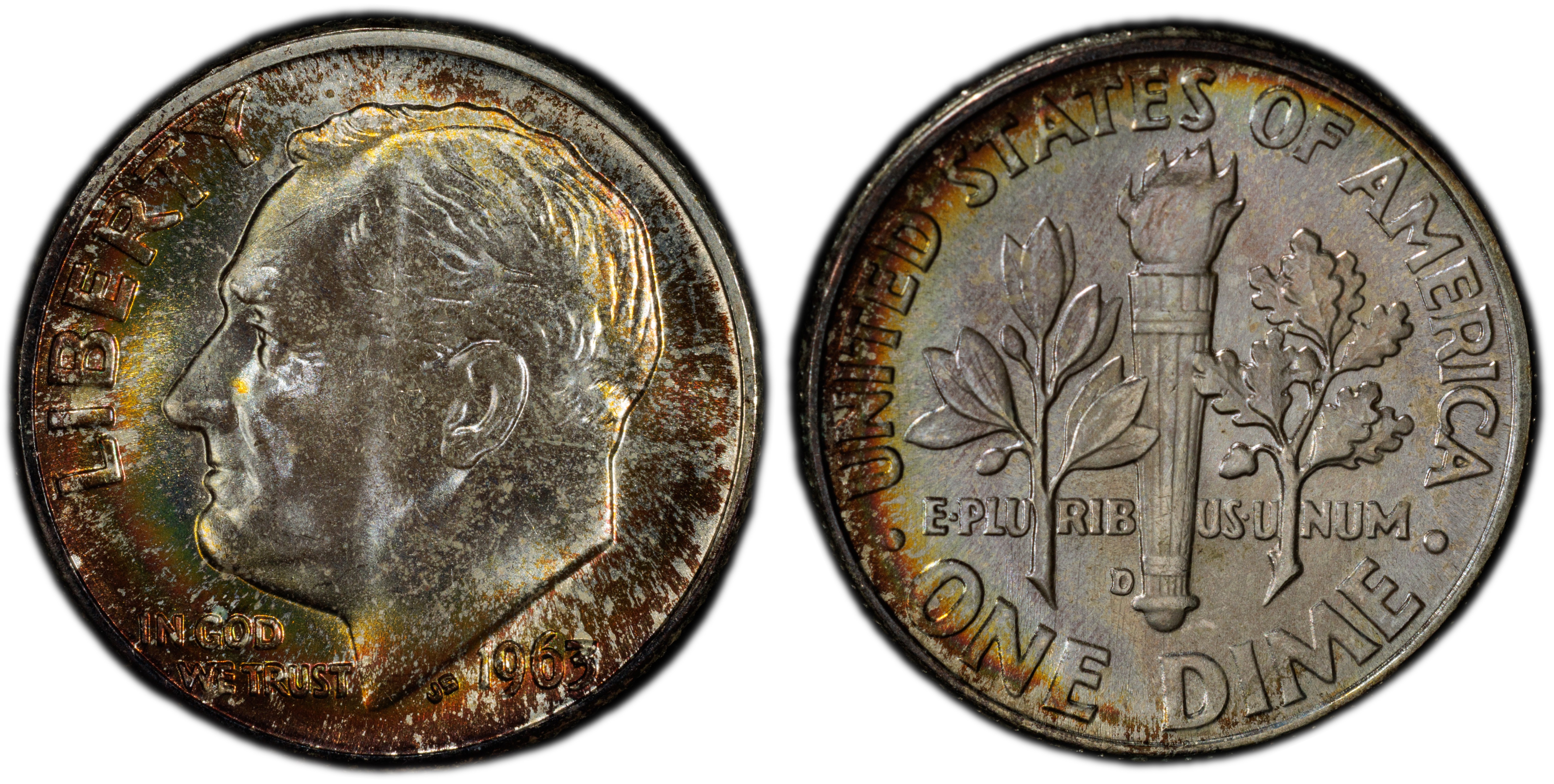 👉1963-D-Roosevelt Dime Full Bands Stunning Toning Bu Choice