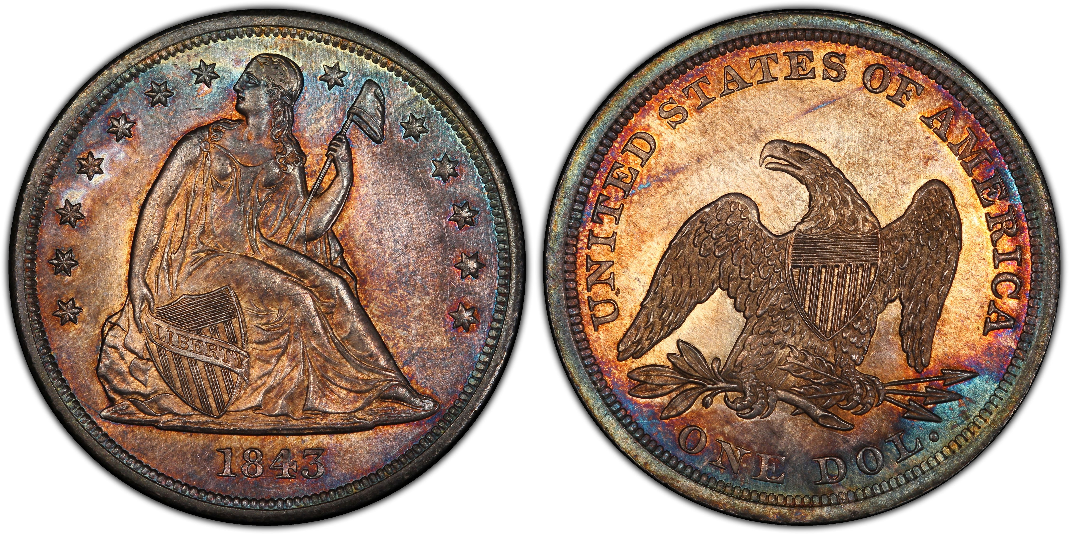 1843 $1 (Regular Strike) Liberty Seated Dollar - PCGS CoinFacts