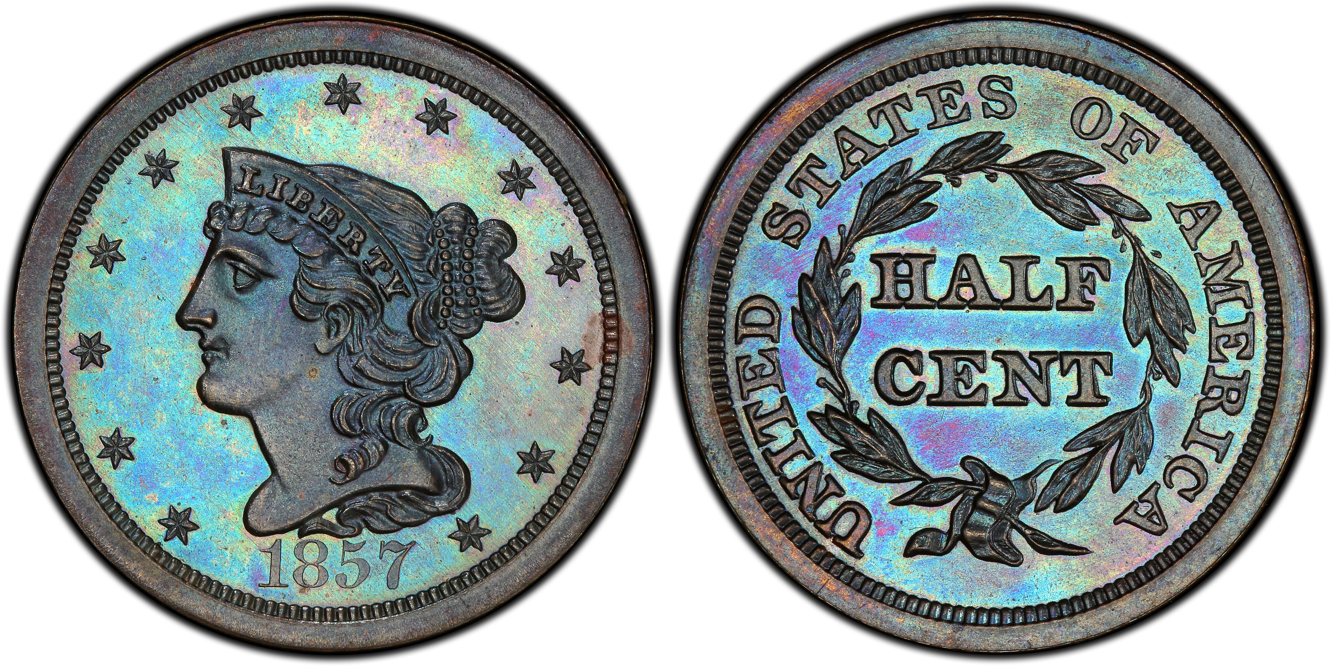 1857 Braided Hair Half Cent. C-1. Rarity-2. AU Details--Cleaned