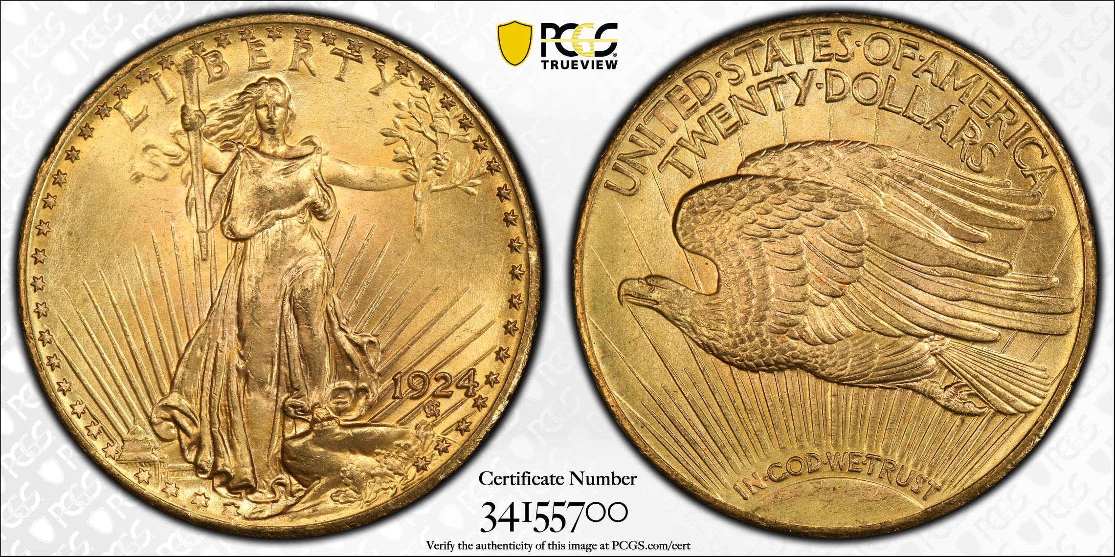 1924 $20 ST GAUDENS GOLD PCGS MS 66+ DOUBLE EAGLE., MS66+ - PCGS