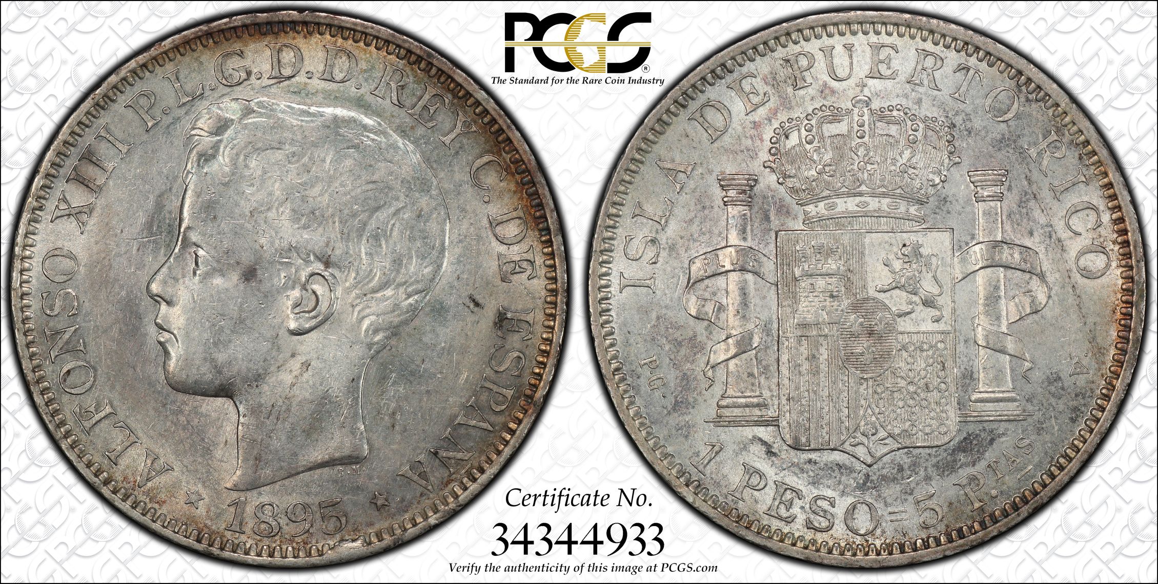PUERTO RICO. Peso, 1895-PGV. PCGS AU-55 Secure Holder., AU55 