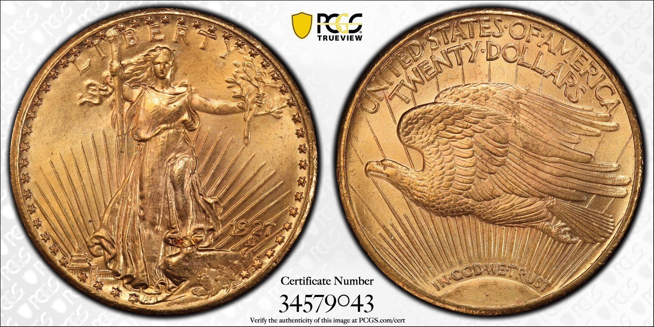 1927 $20 St. Gaudens Double Eagle Gold Coin PCGS MS 66, MS66