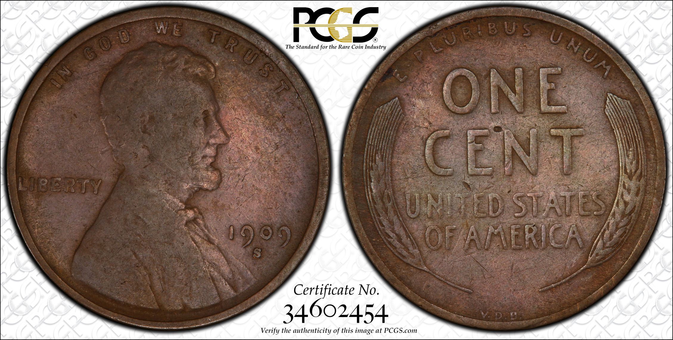 1909-S VDB Lincoln cent PCGS GENUINE CLEANED FINE DETAILS, F