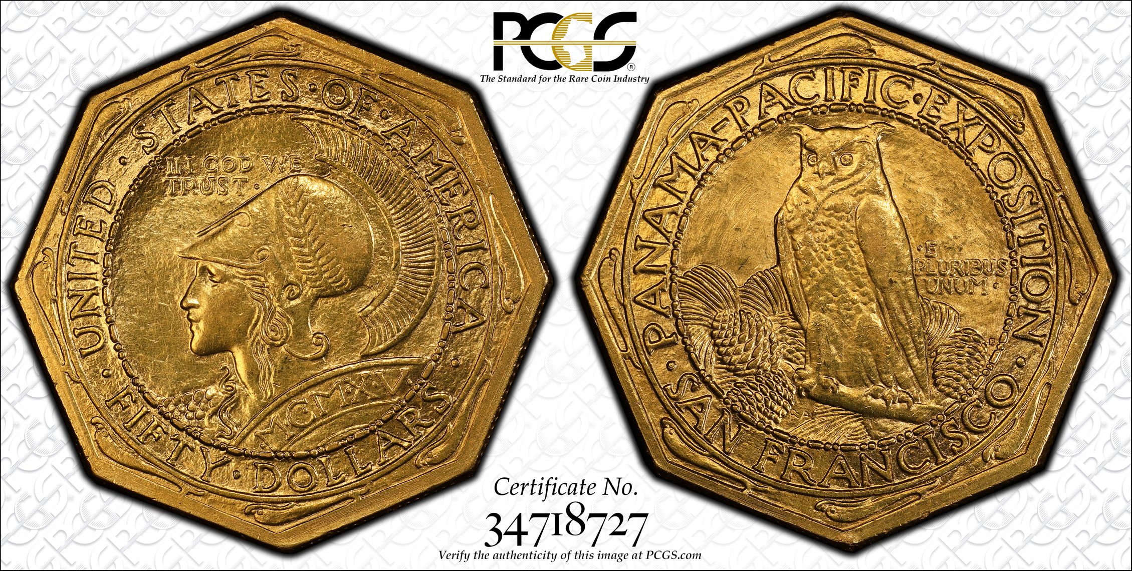 $50 1915-S PANAMA-PACIFIC. OCTAGONAL. PCGS MS62, MS62 - PCGS