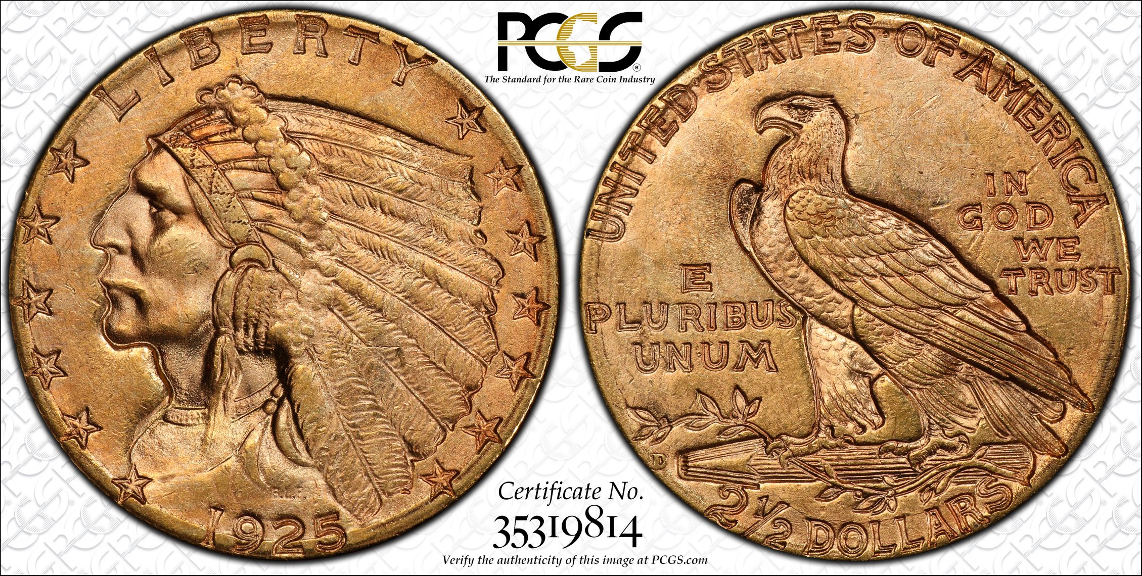 1925 D Indian Head Gold 250 Quarter Eagle Pcgs Ms 63 Ms63