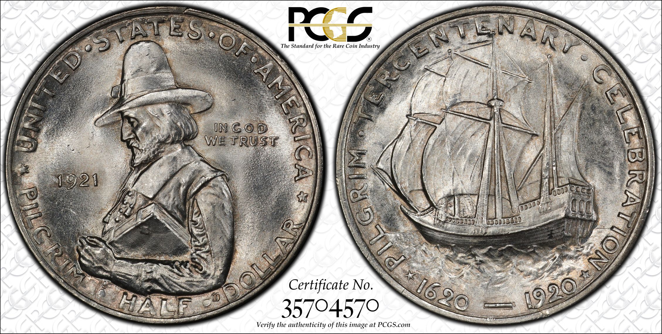 1921 50c PCGS MS 66 CAC Pilgrim Commemorative Half Dollar, MS66