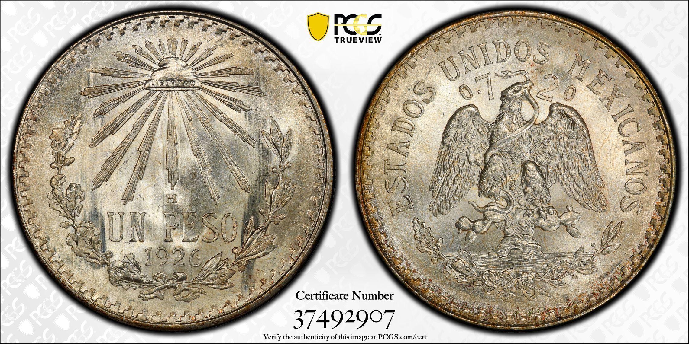 MEXICO. Peso, 1926-M. Mexico City Mint. PCGS MS-66 Gold Shield