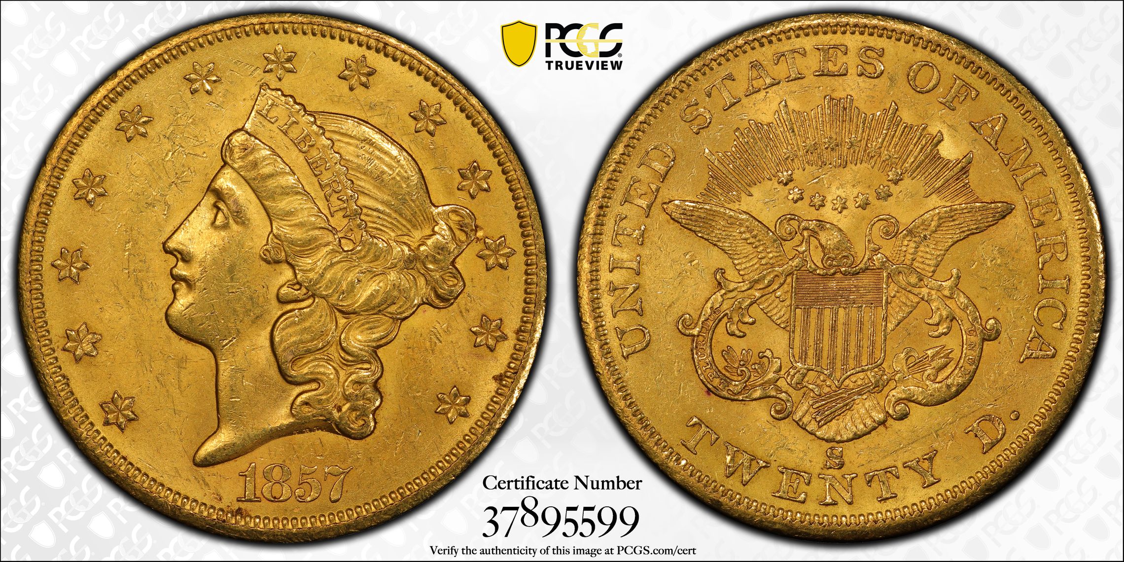 1857-S Liberty Head Double Eagle. MS-62 (PCGS). CAC., MS62