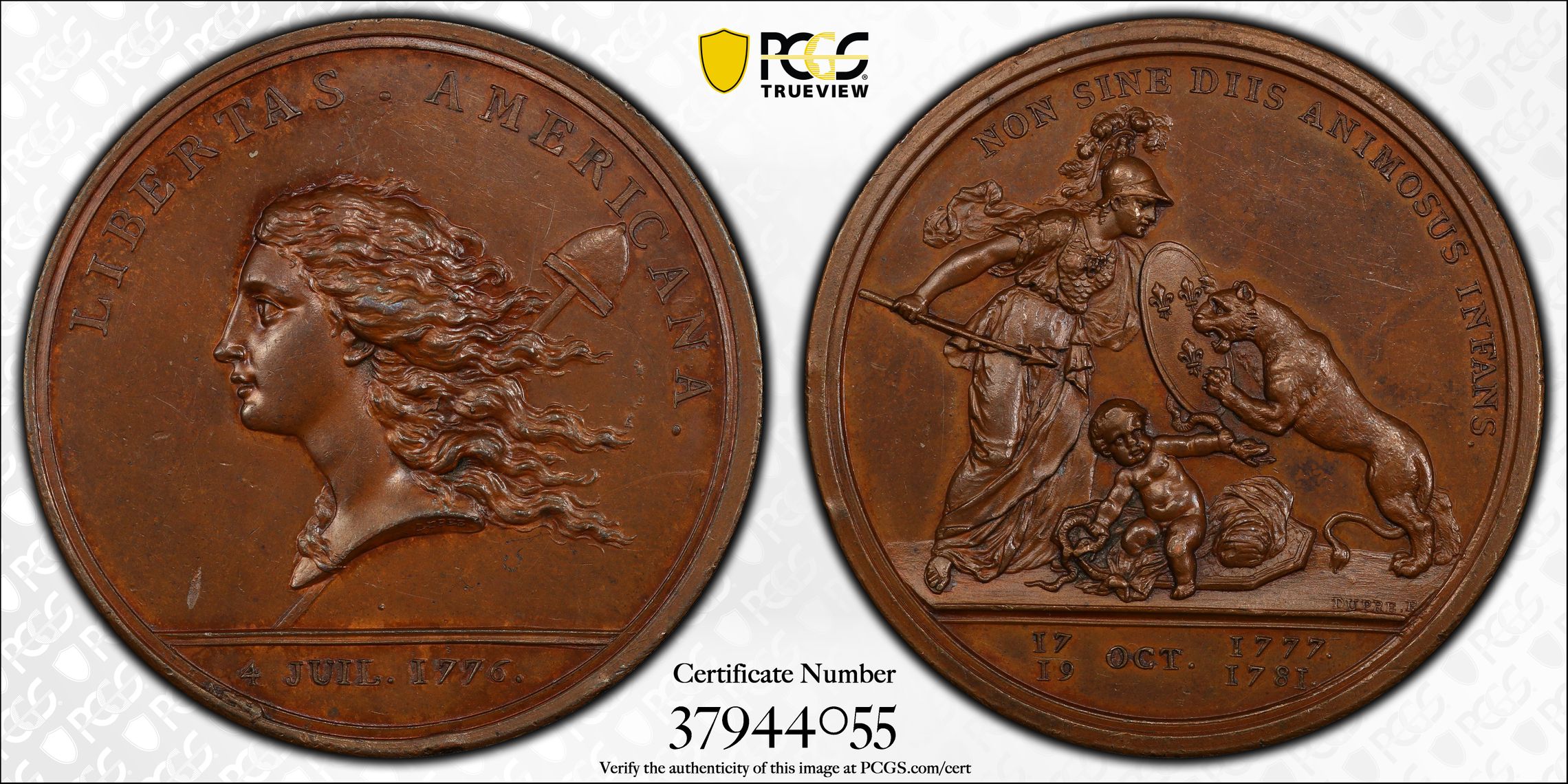 1776” (1781) Libertas Americana Medal. Betts-615. Bronze