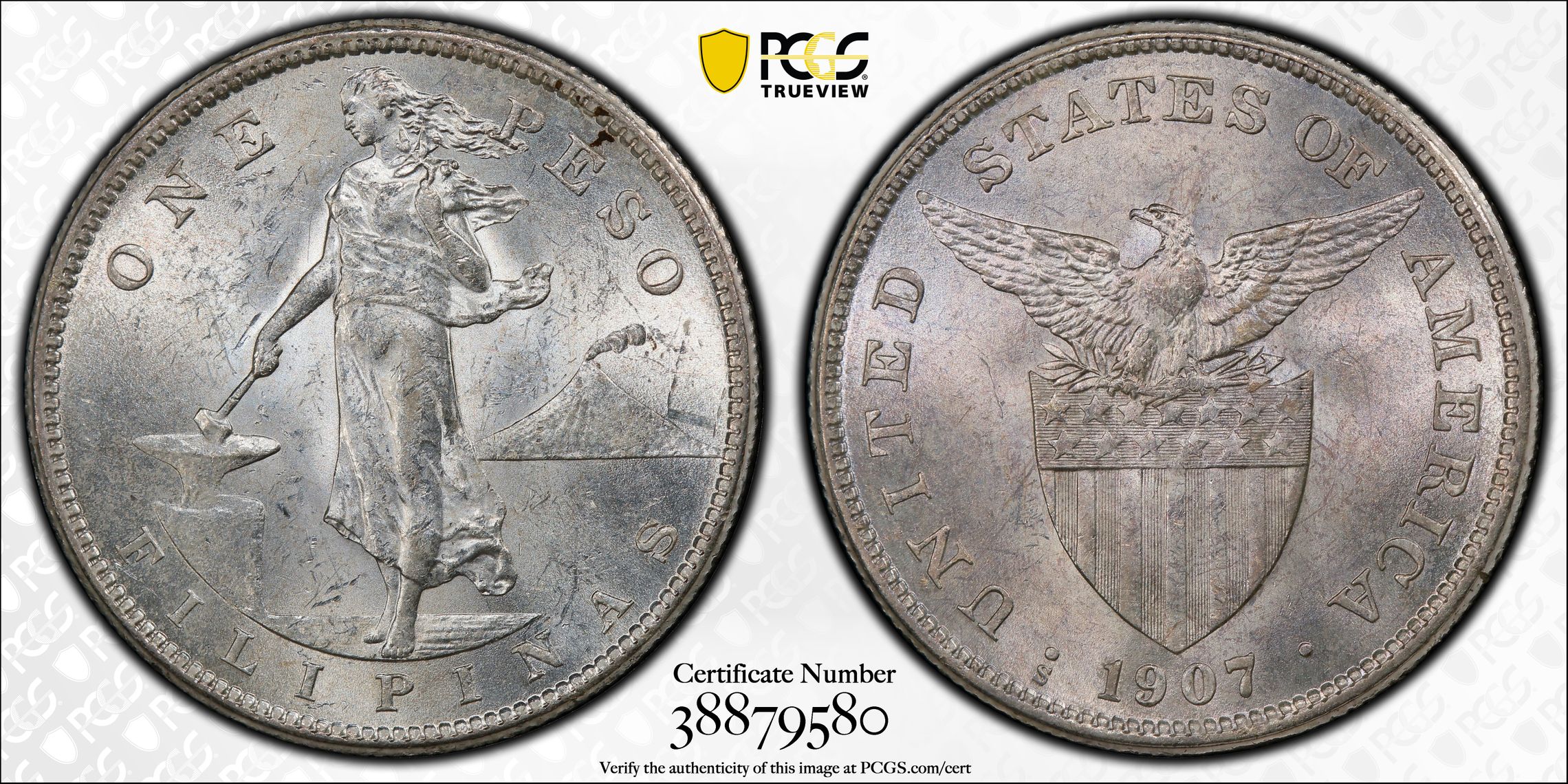 Philippines: USA Administration Peso 1907-S MS63 PCGS,..., MS63