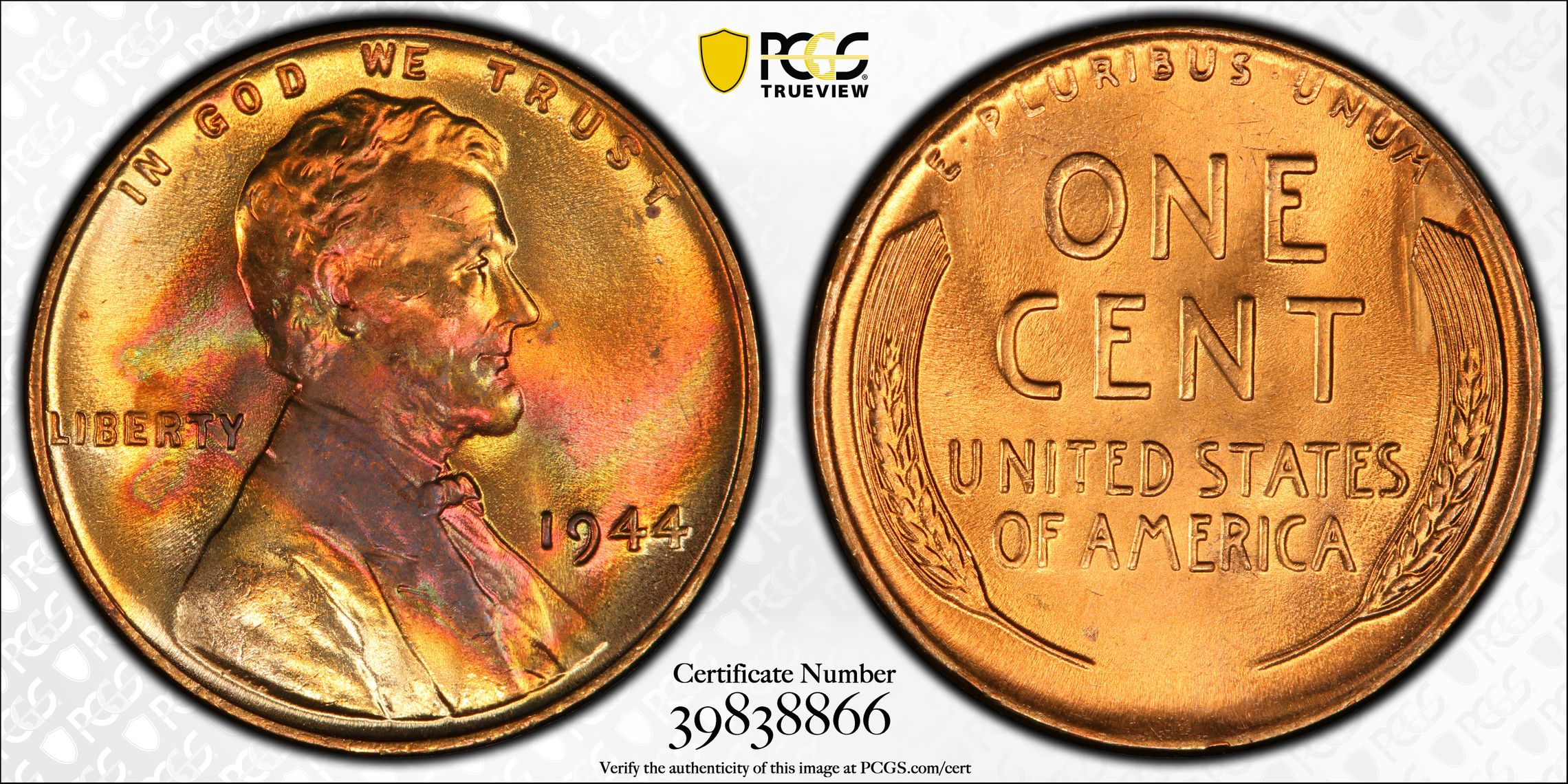 1944 Lincoln Cent MS67+ Red PCGS