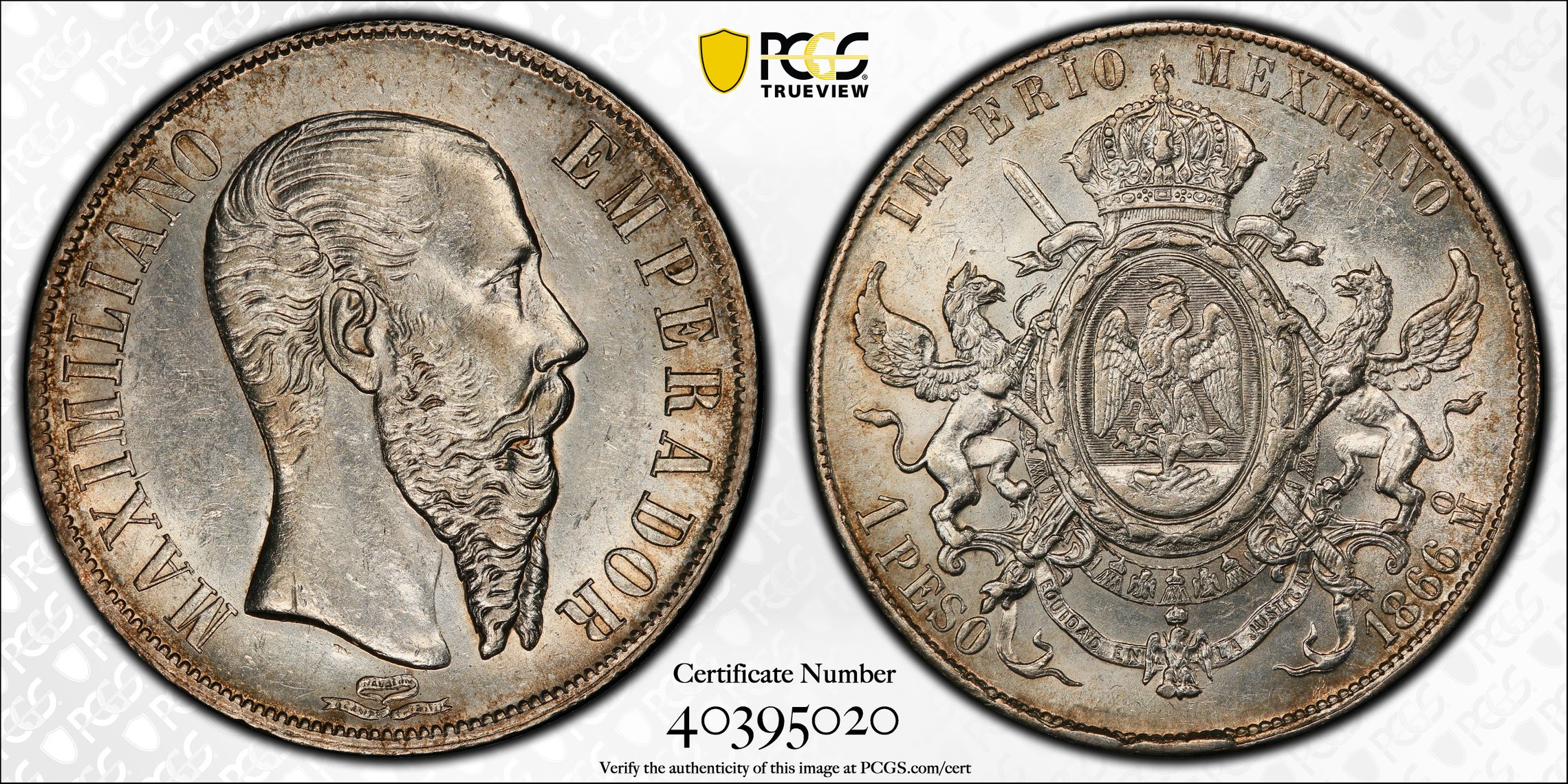 ☆1866 メキシコ １ペソ銀貨 マクシミリアン PCGS VF DETAIL BENT - 貨幣