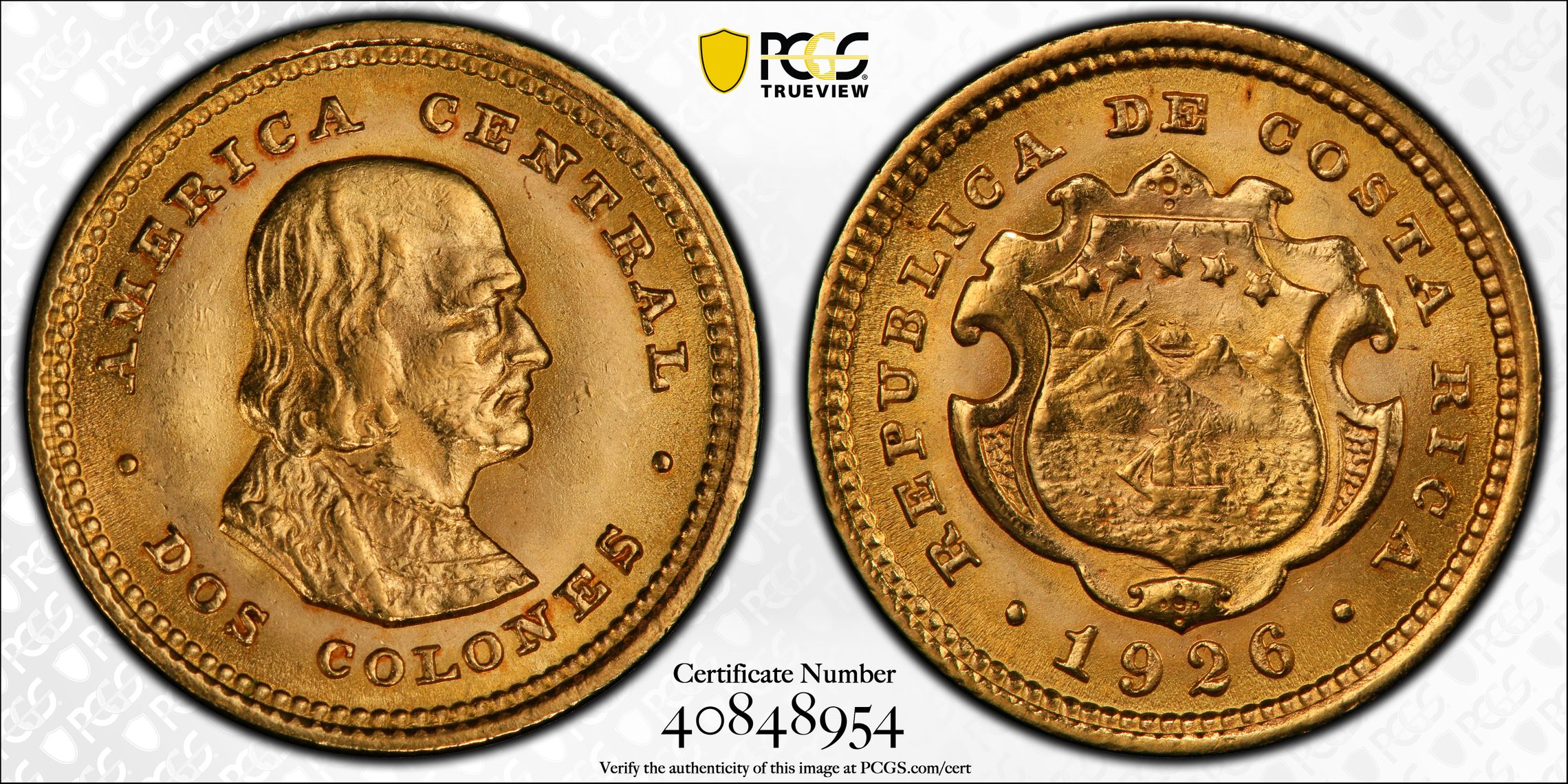 COSTA RICA. 2 Colones, 1926. Philadelphia Mint. PCGS MS-63 Gold