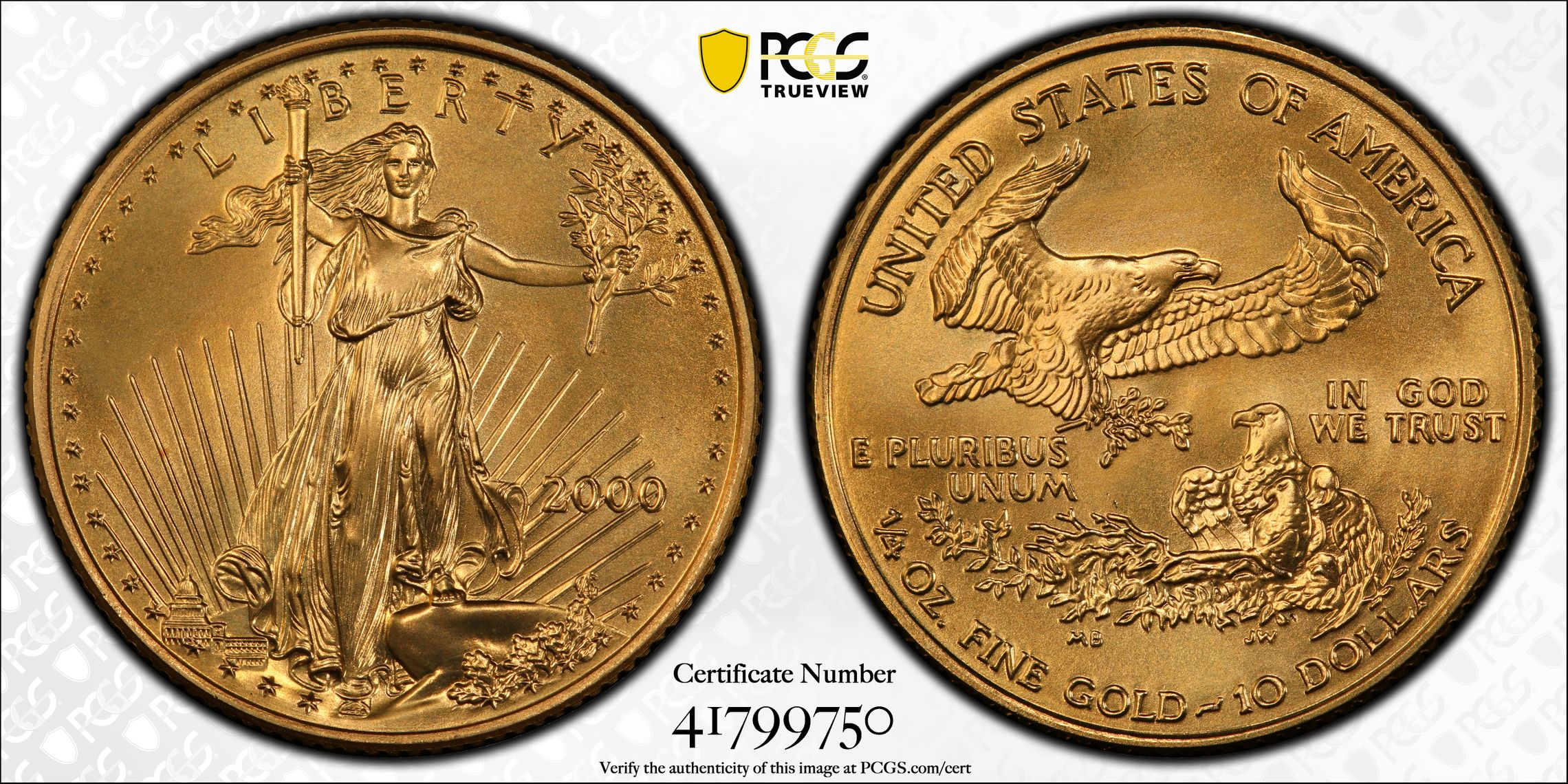 2000 Quarter-Ounce Gold Eagle. MS-69 (PCGS)., MS69 - PCGS