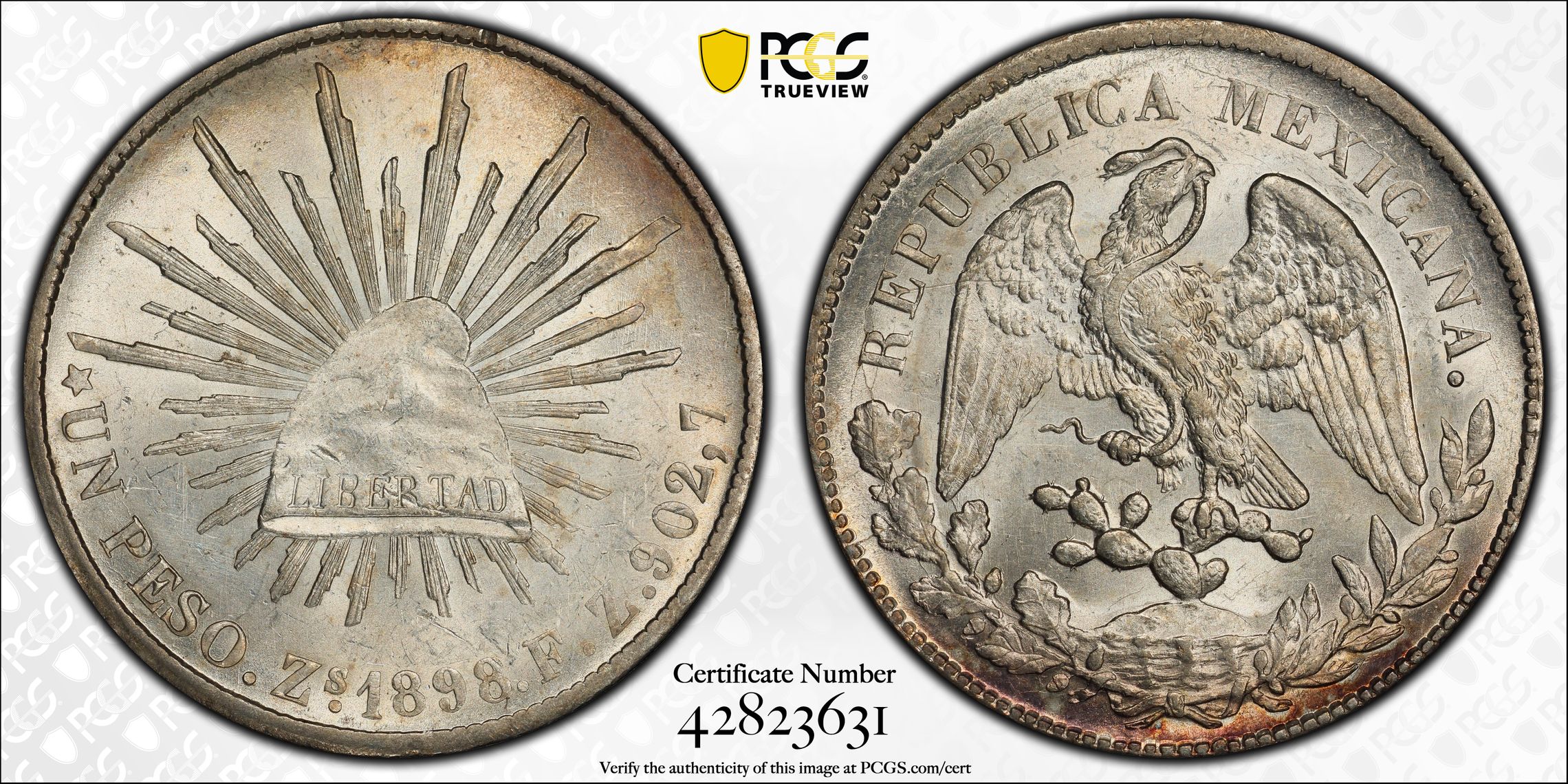 MEXICO. Peso, 1898-Zs FZ. Zacatecas Mint. PCGS MS-63., MS63 - PCGS