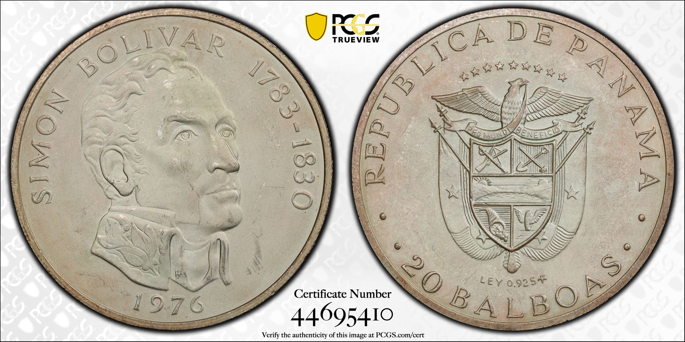 PANAMA. 20 Balboas, 1976-FM. Franklin Mint. PCGS MS-63 PANAMA. 20 Balboas, 1976-FM. Franklin Mint. PCGS MS-63